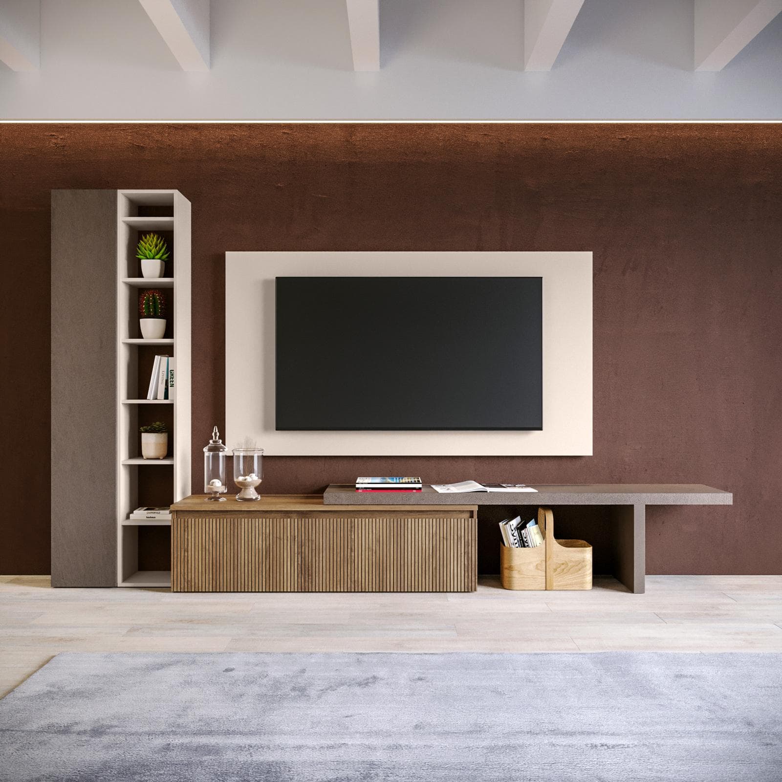 Parete attrezzata 336x40x140h cm mercure cannettato cashmere e bronzo- Clary