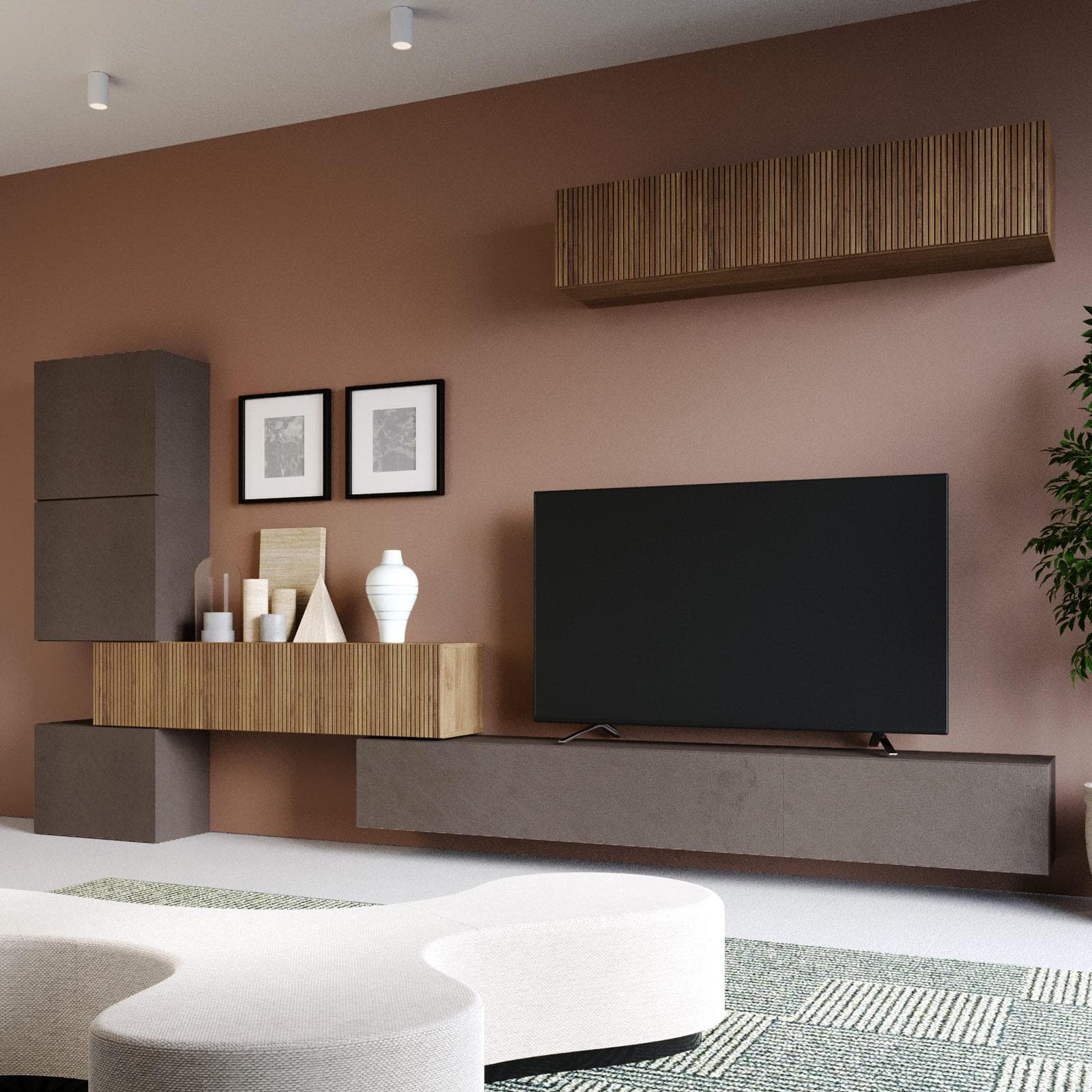 Parete attrezzata 340x30x169h cm mercure cannettato e bronzo - Clary
