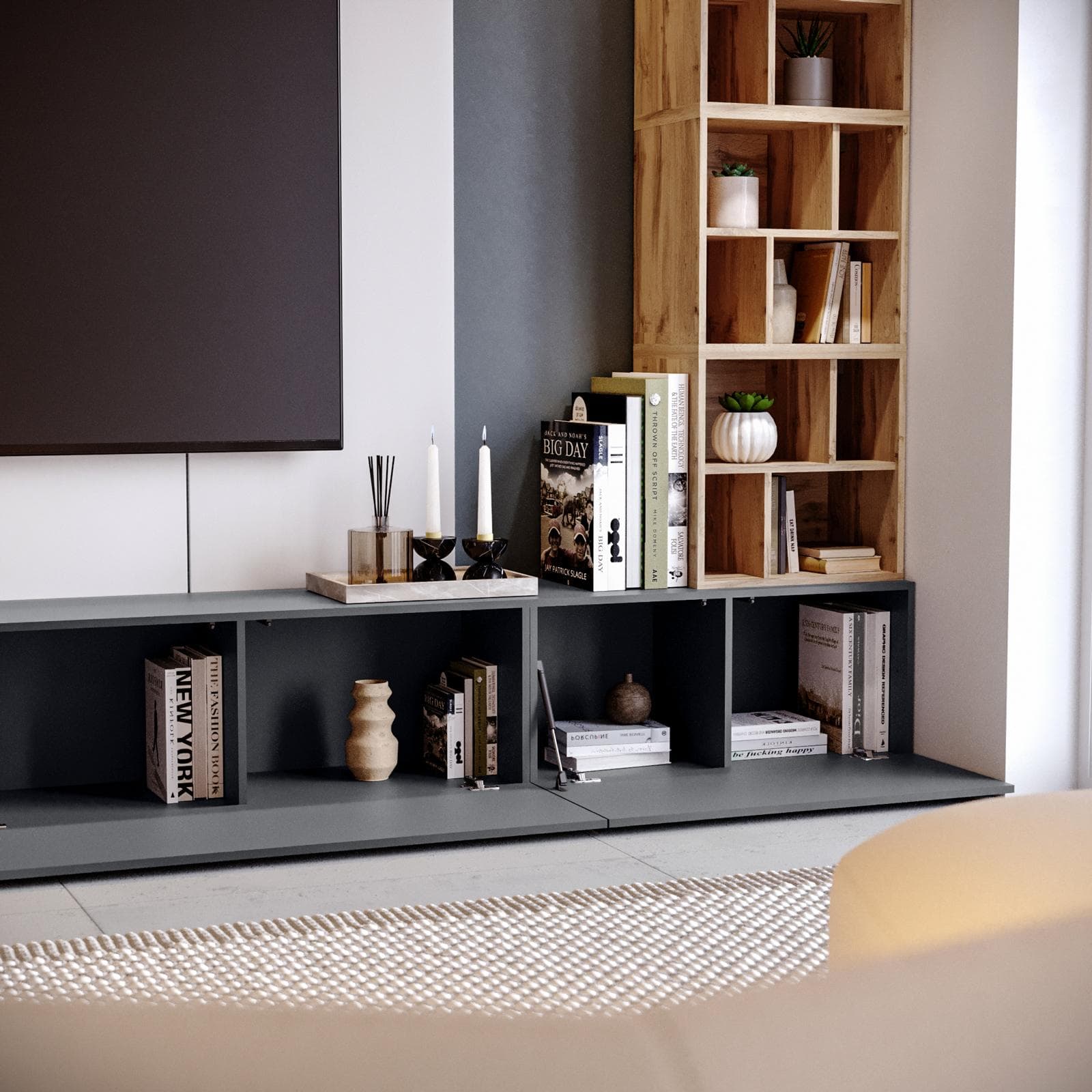 Parete attrezzata 390 cm antracite e rovere wotan - Kayros