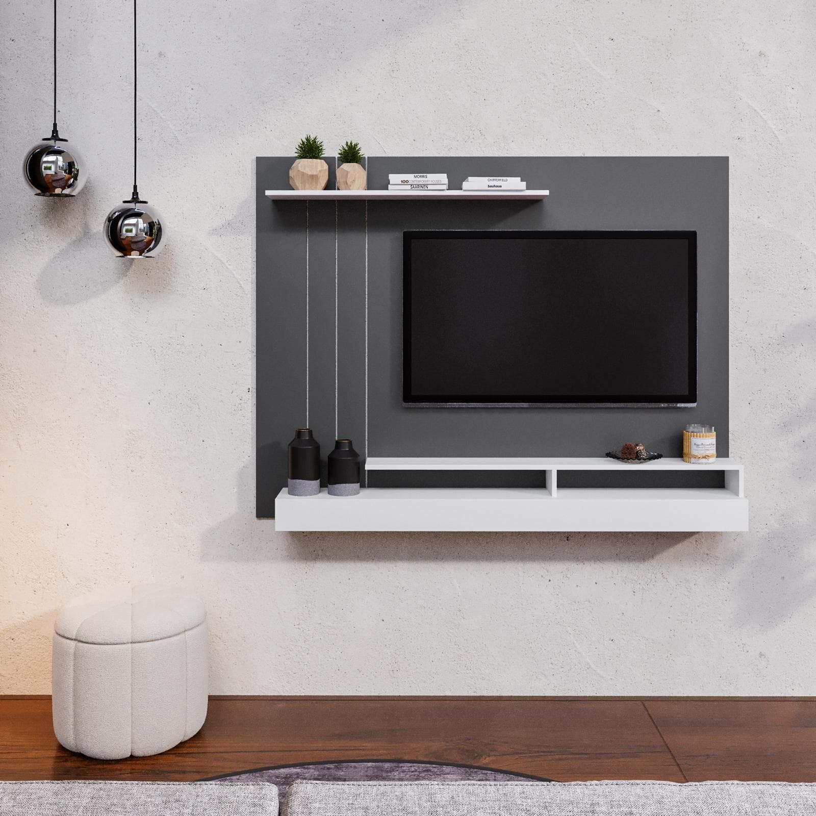 Parete attrezzata sospesa 154x120h cm pannello antracite con porta tv e mensola bianco - Moyo