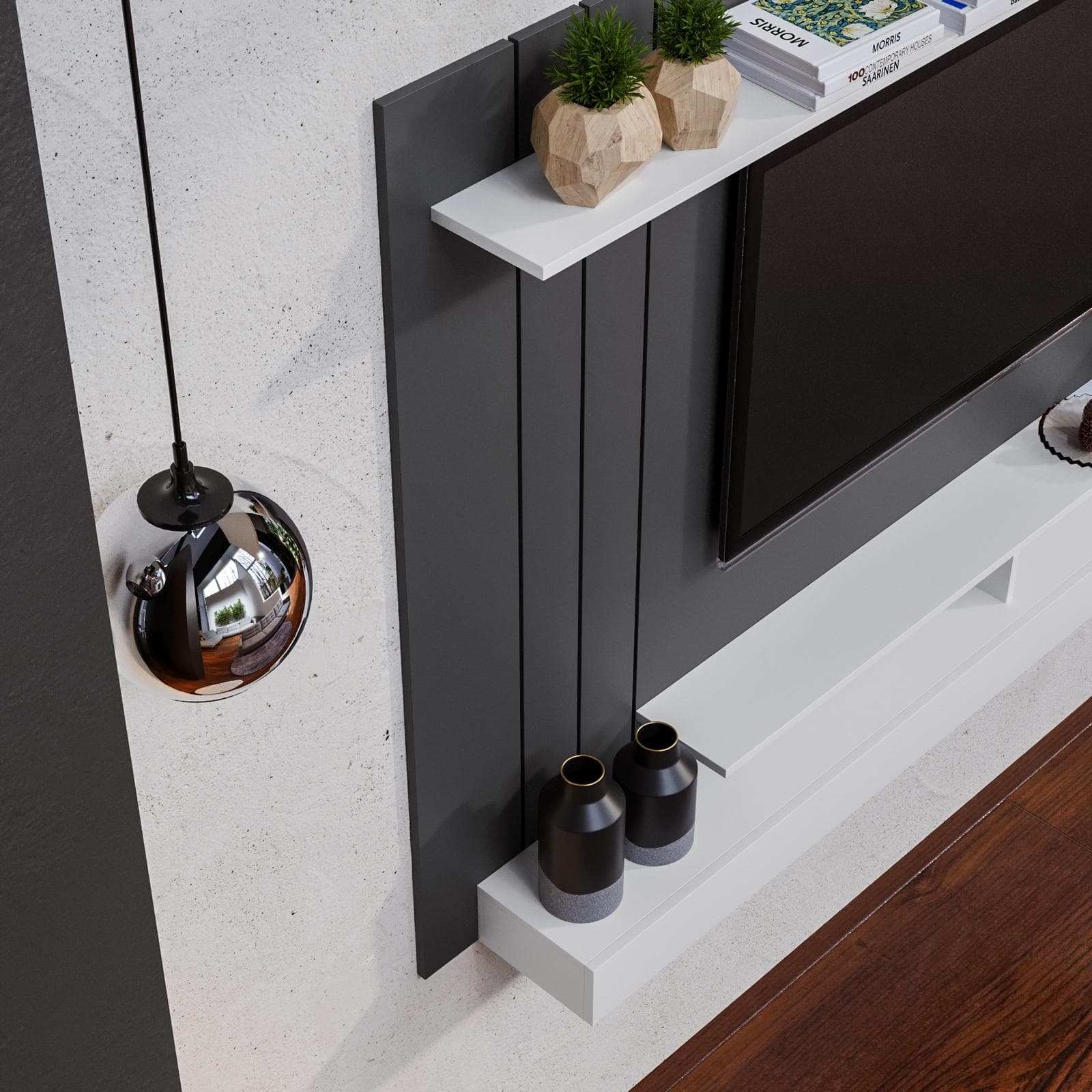 Parete attrezzata sospesa 154x120h cm pannello antracite con porta tv e mensola bianco - Moyo
