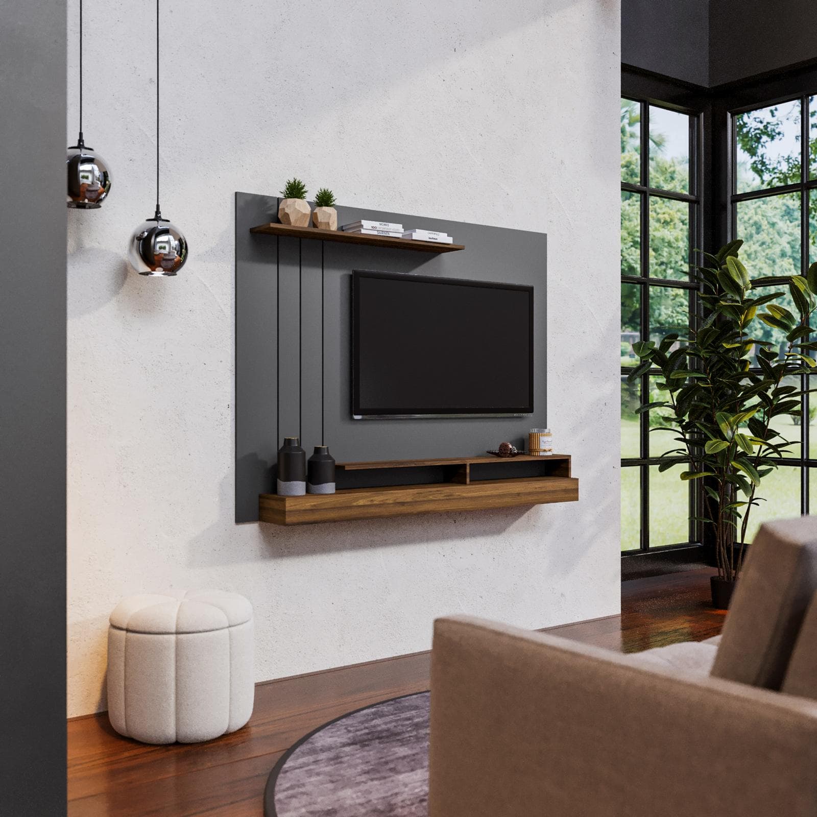Parete attrezzata sospesa 154x120h cm pannello antracite con porta tv e mensola effetto rovere scuro - Moyo