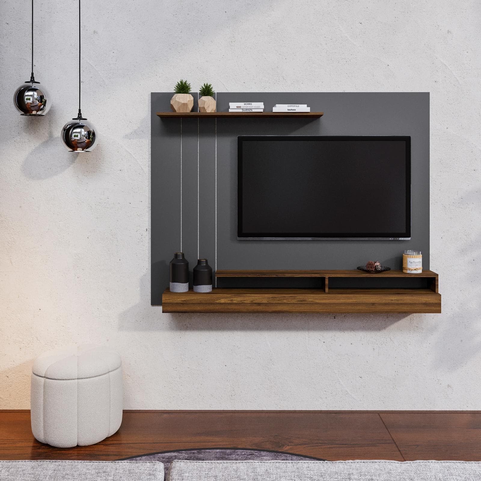 Parete attrezzata sospesa 154x120h cm pannello antracite con porta tv e mensola effetto rovere scuro - Moyo