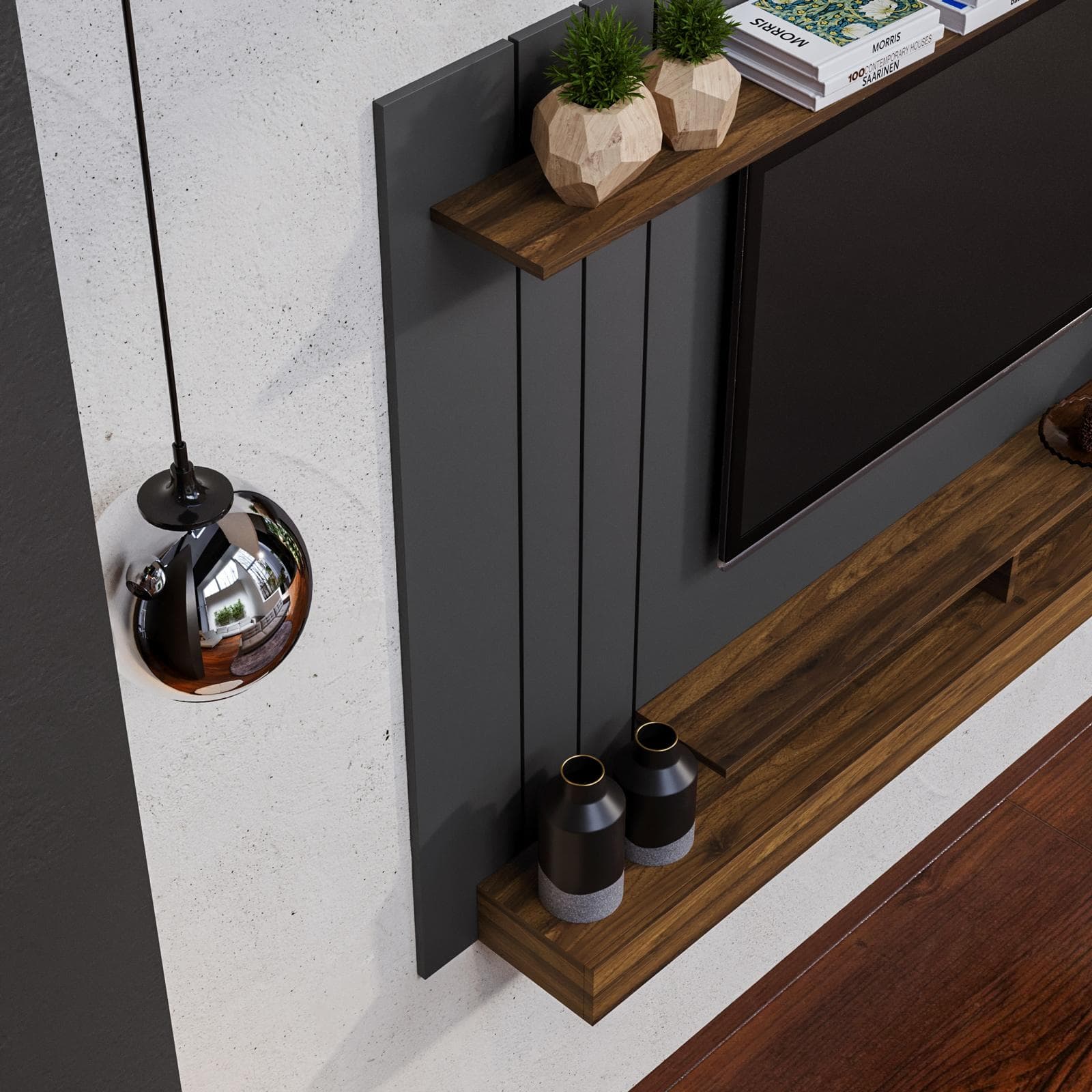 Parete attrezzata sospesa 154x120h cm pannello antracite con porta tv e mensola effetto rovere scuro - Moyo