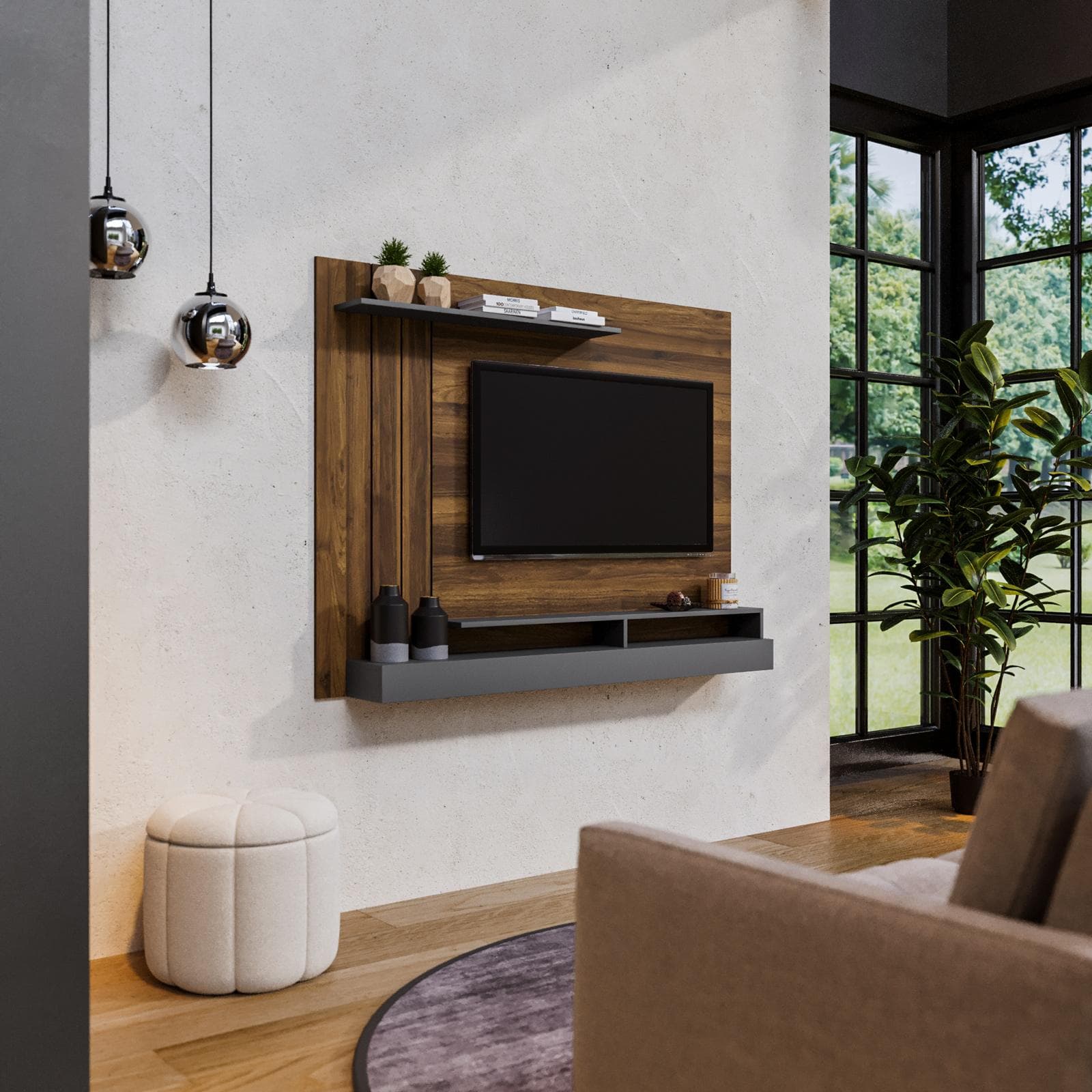 Parete attrezzata sospesa 154x120h cm pannello effetto rovere scuro con porta tv e mensola antracite - Moyo