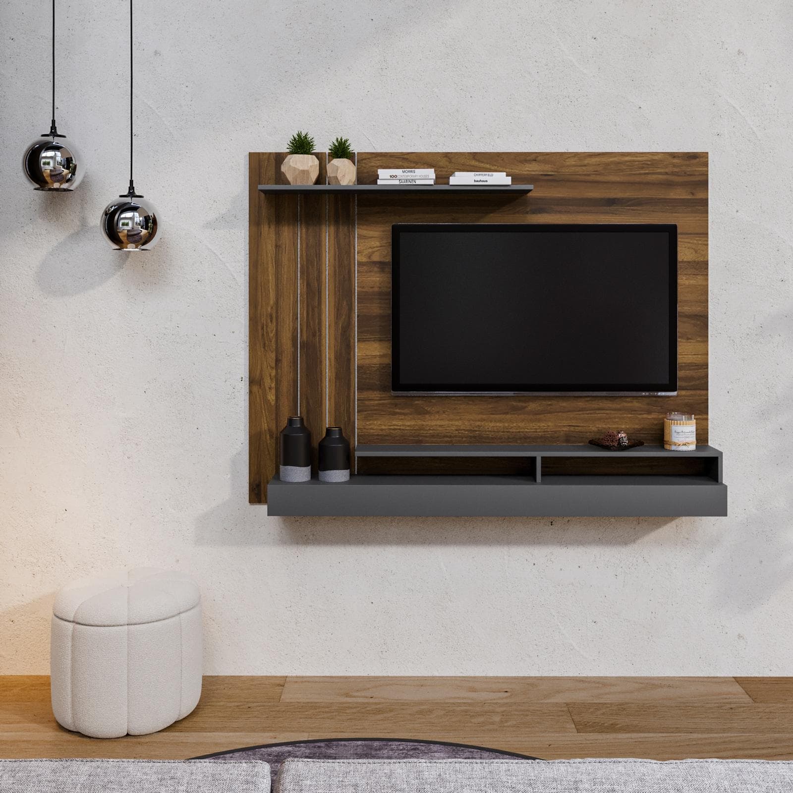 Parete attrezzata sospesa 154x120h cm pannello effetto rovere scuro con porta tv e mensola antracite - Moyo