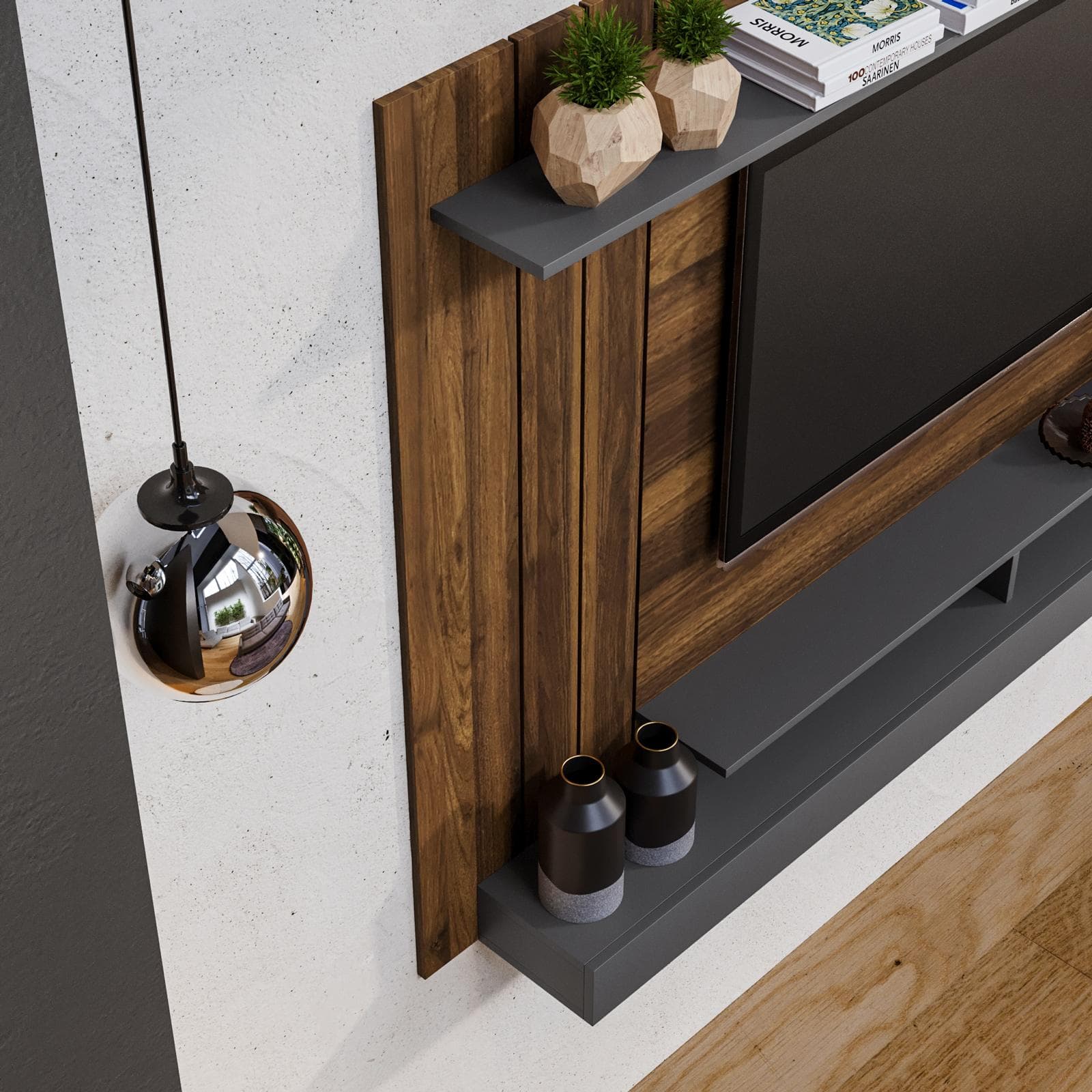 Parete attrezzata sospesa 154x120h cm pannello effetto rovere scuro con porta tv e mensola antracite - Moyo