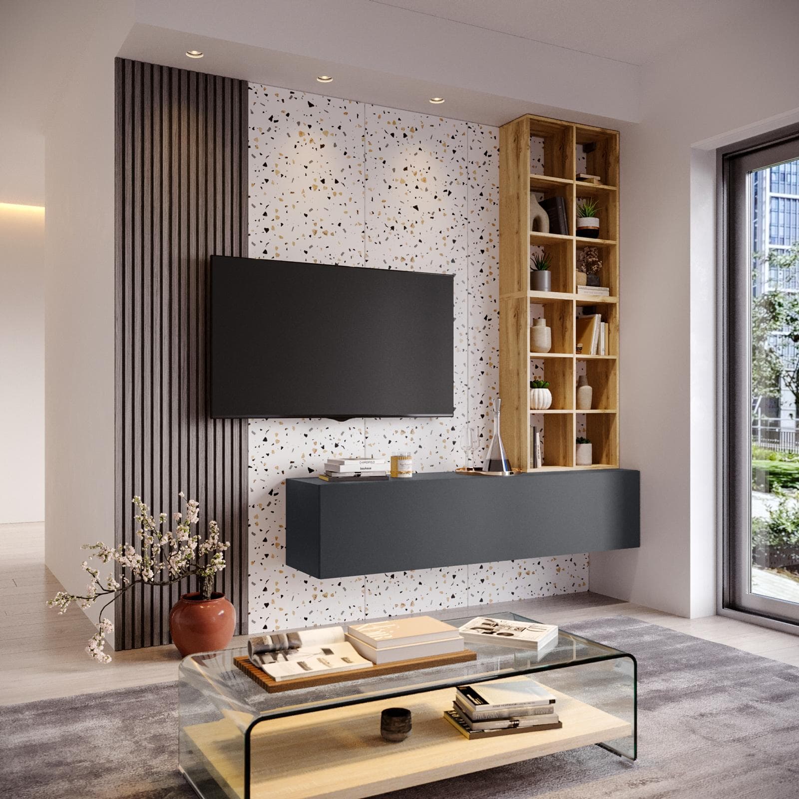 Parete attrezzata sospesa 180 cm antracite e rovere wotan - Kayros