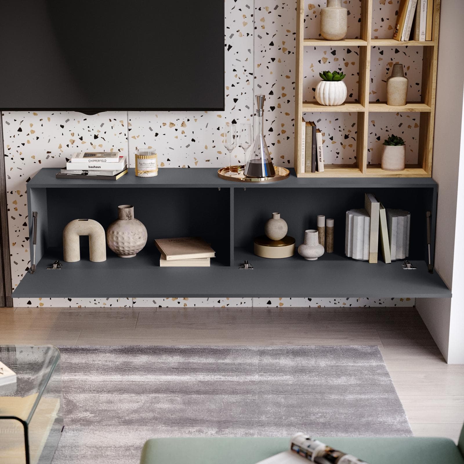 Parete attrezzata sospesa 180 cm antracite e rovere wotan - Kayros