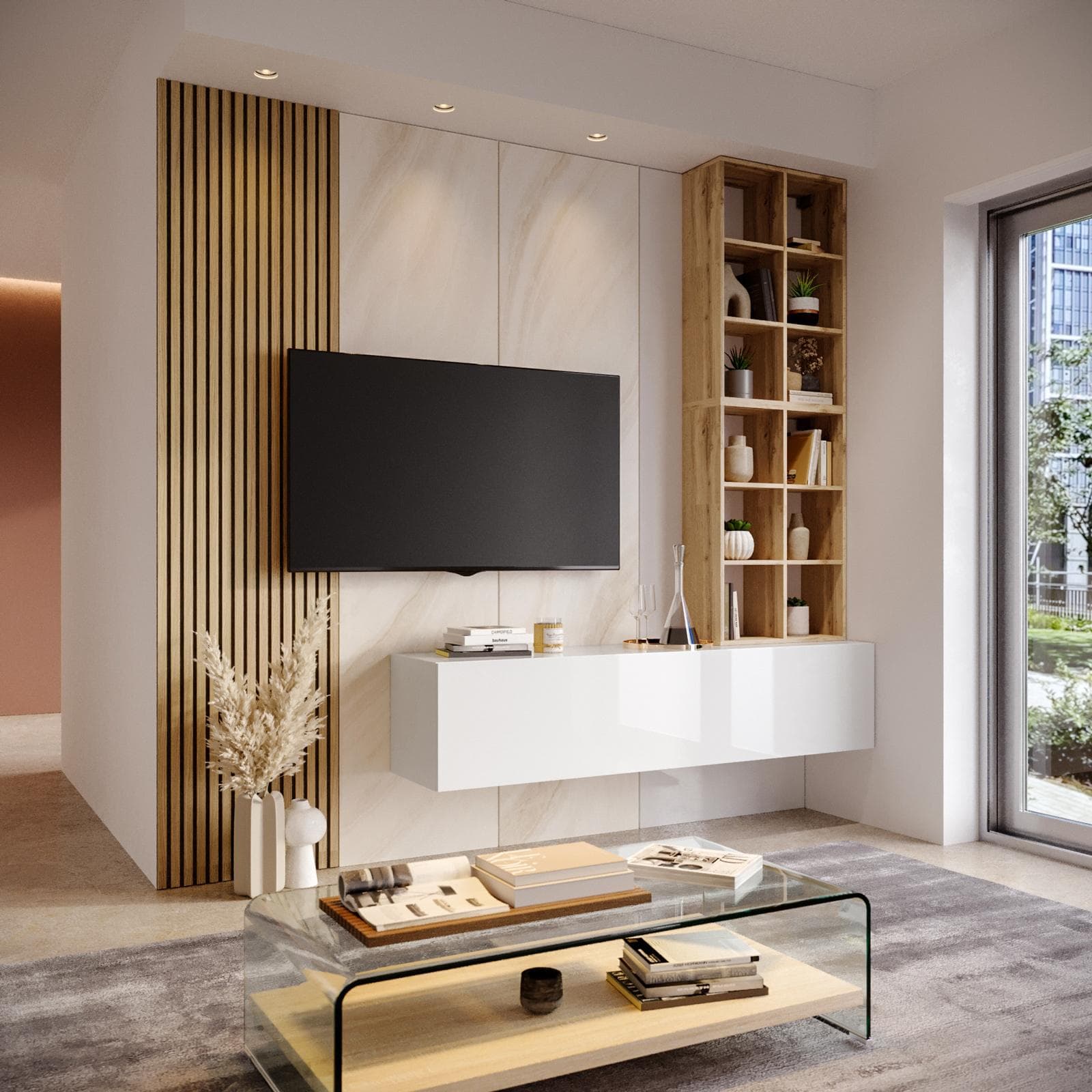 Parete attrezzata sospesa 180 cm bianco e rovere wotan - Kayros