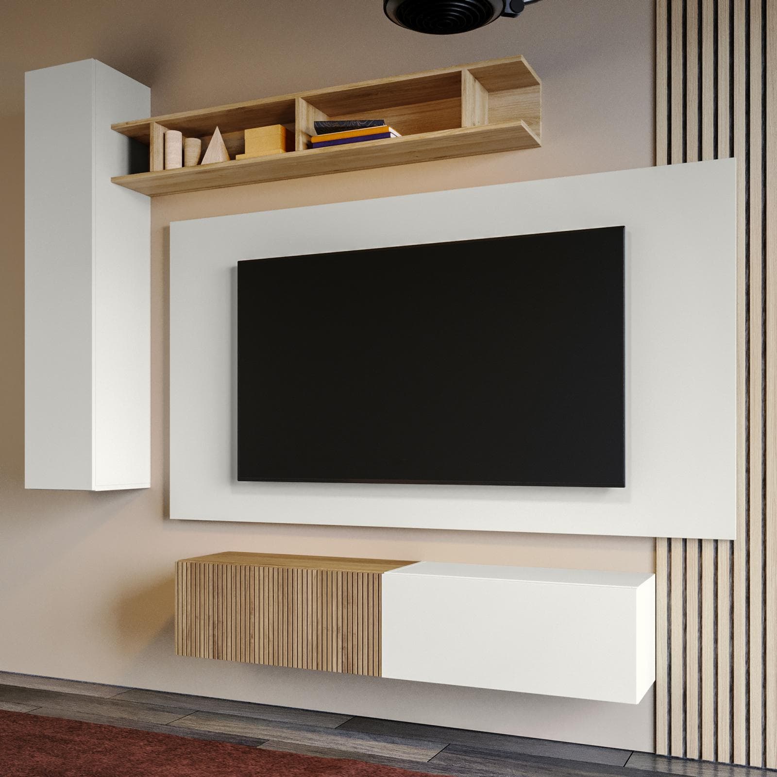 Parete attrezzata sospesa 235x30 cm cadiz cannettato e gesso con pannello porta tv - Clary