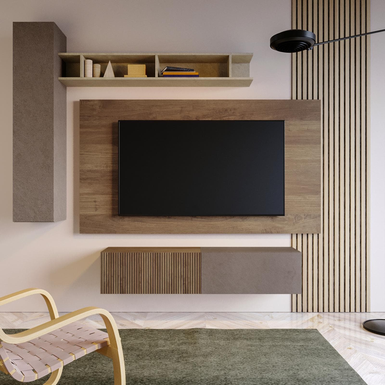 Parete attrezzata sospesa 235x30 cm mercure cannettato argilla e bronzo con pannello porta tv - Clary