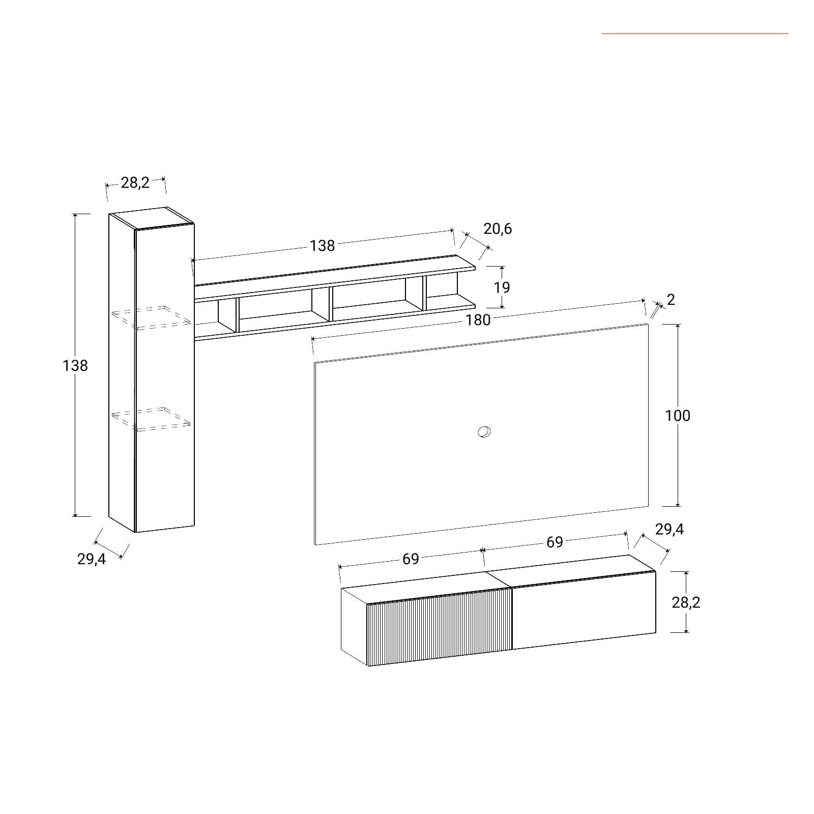 Parete attrezzata sospesa 235x30 cm mercure cannettato argilla e bronzo con pannello porta tv - Clary