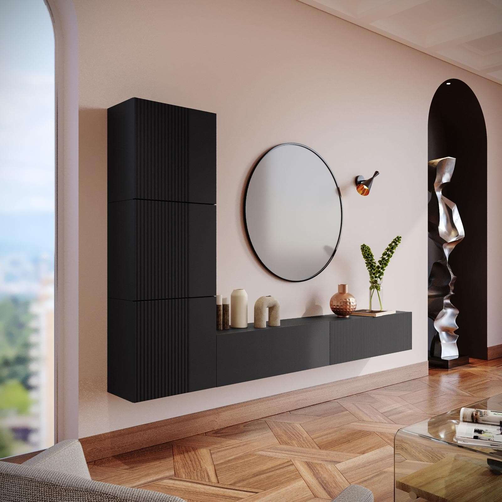 Parete attrezzata sospesa 250 cm nero opaco cannettato con 3 pensili - Ingrid