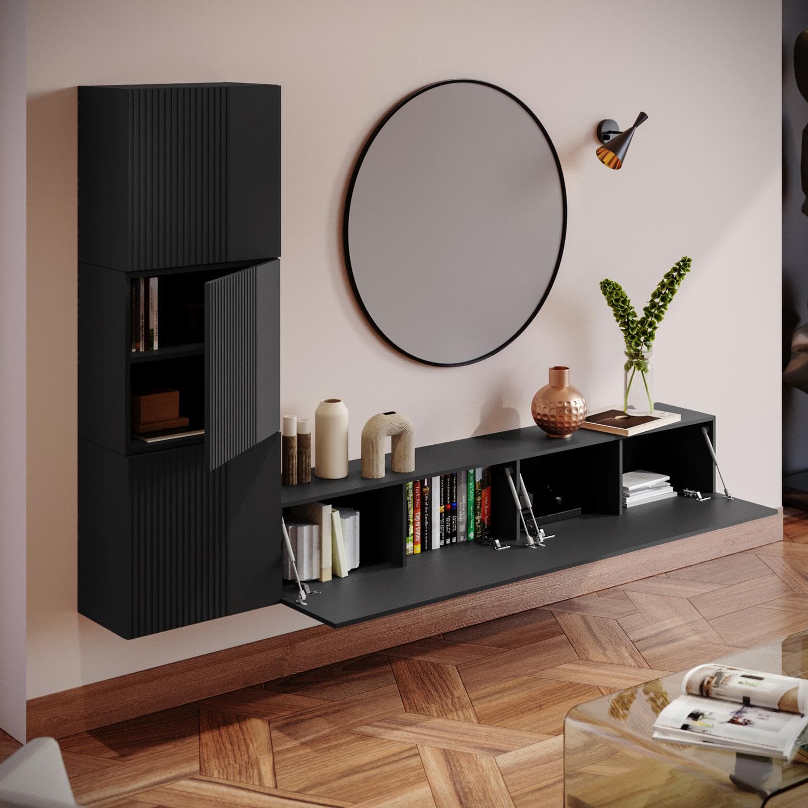 Parete attrezzata sospesa 250 cm nero opaco cannettato con 3 pensili - Ingrid