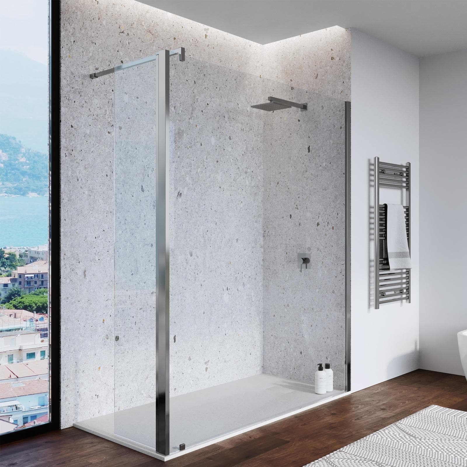 Parete doccia walk in 160 cm + anta girevole 35 cm vetro anticalcare trasparente e profilo cromo 200h - Keep