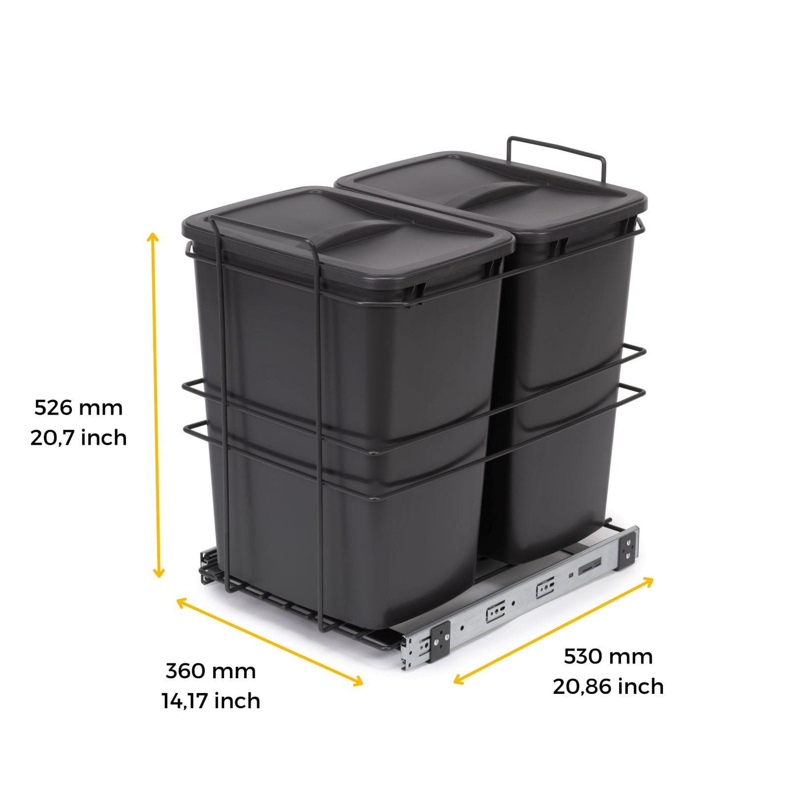 Pattumiera estraibile 36x53h cm con 2 bidoni per raccolta differenziata antracite - Binny