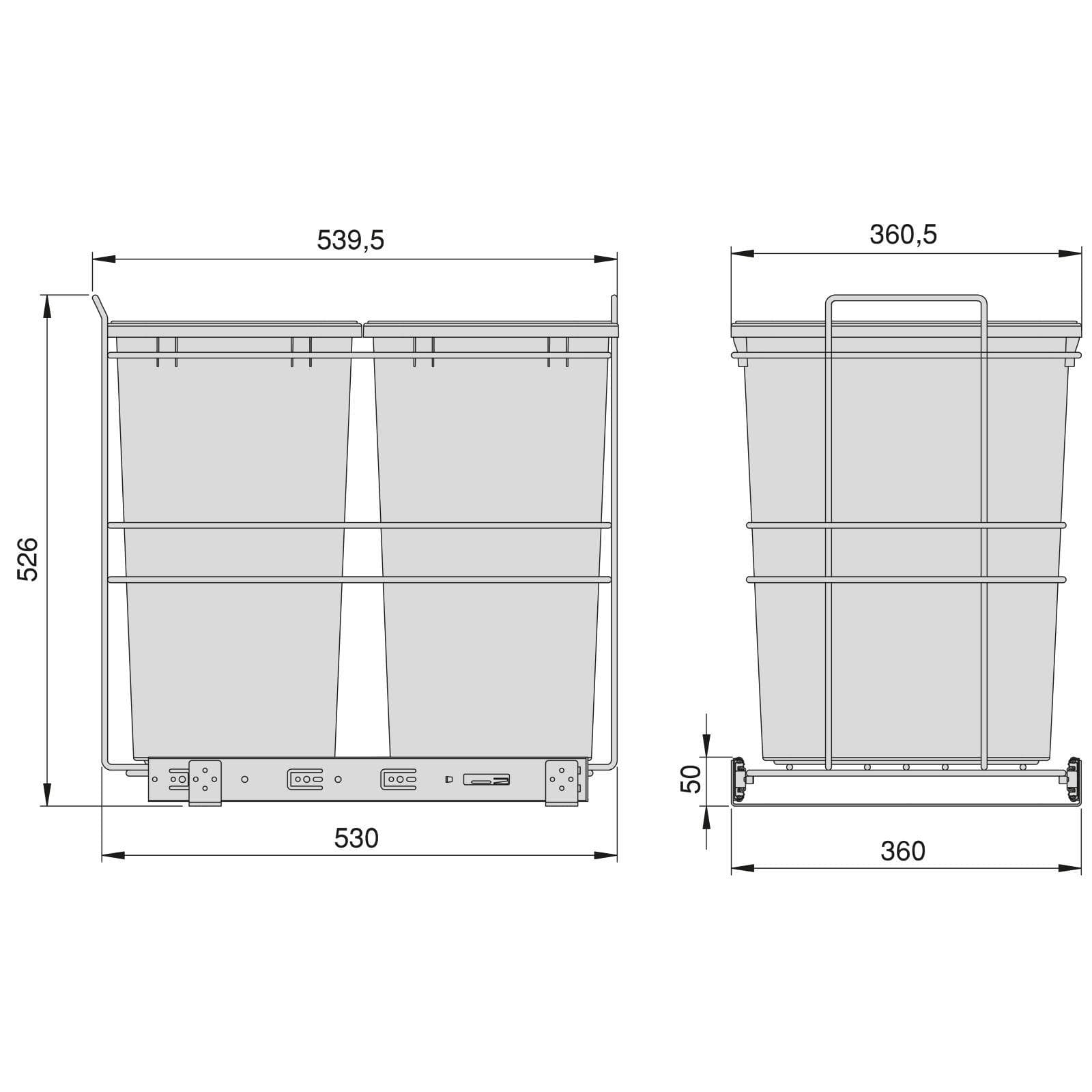 Pattumiera estraibile 36x53h cm con 2 bidoni per raccolta differenziata antracite - Binny