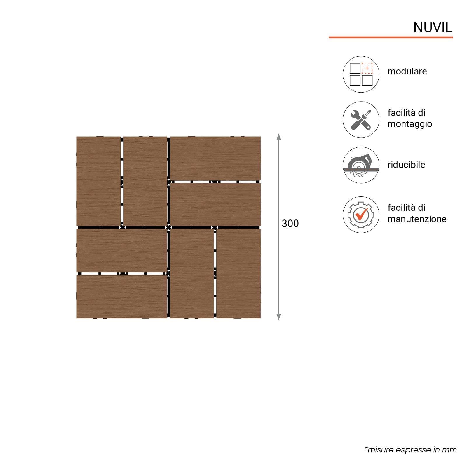 Pavimento ad incastro da esterno 30x30 cm autobloccante effetto legno - Nuvil