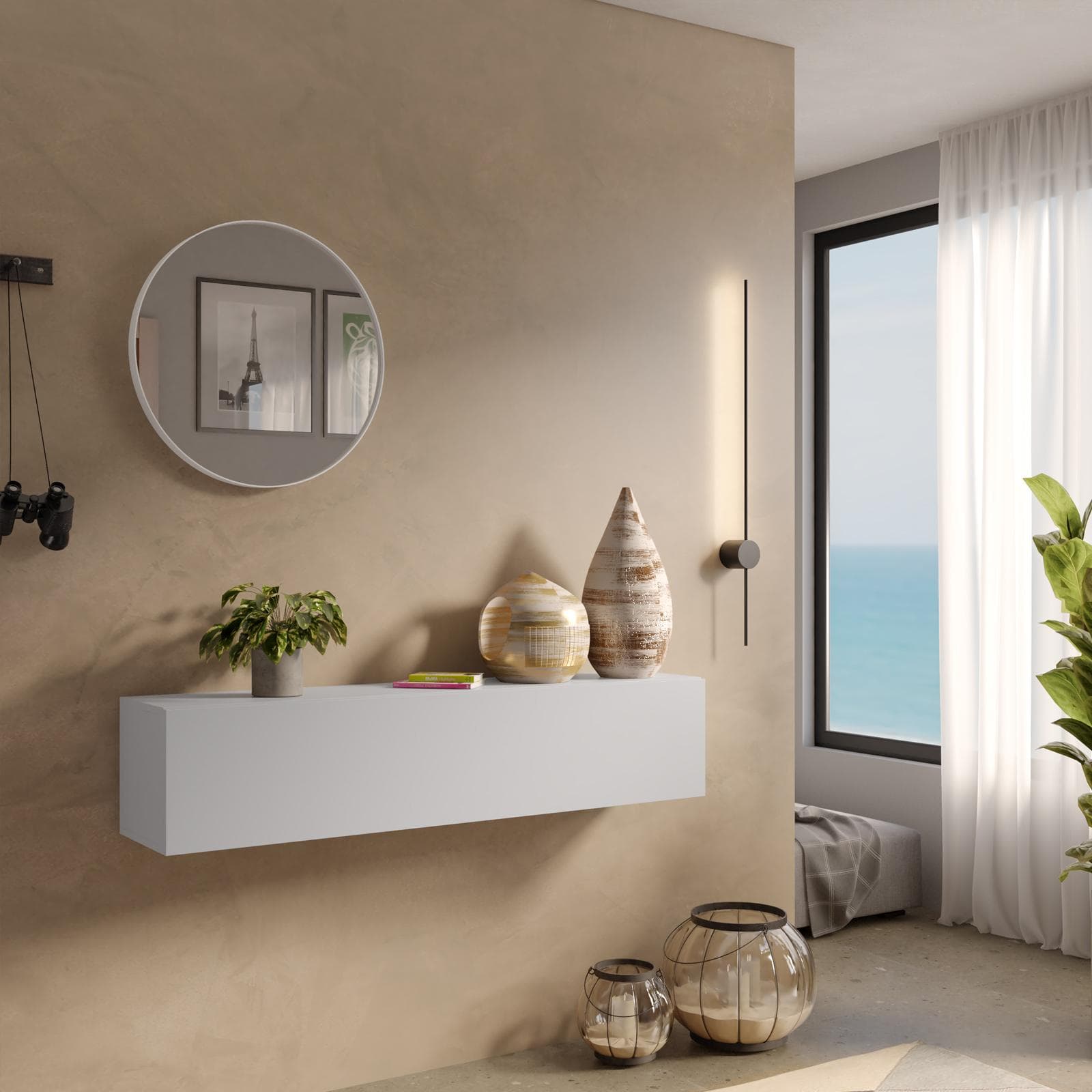 Consolle sospesa 138x28h gesso con anta reversibile - Clary