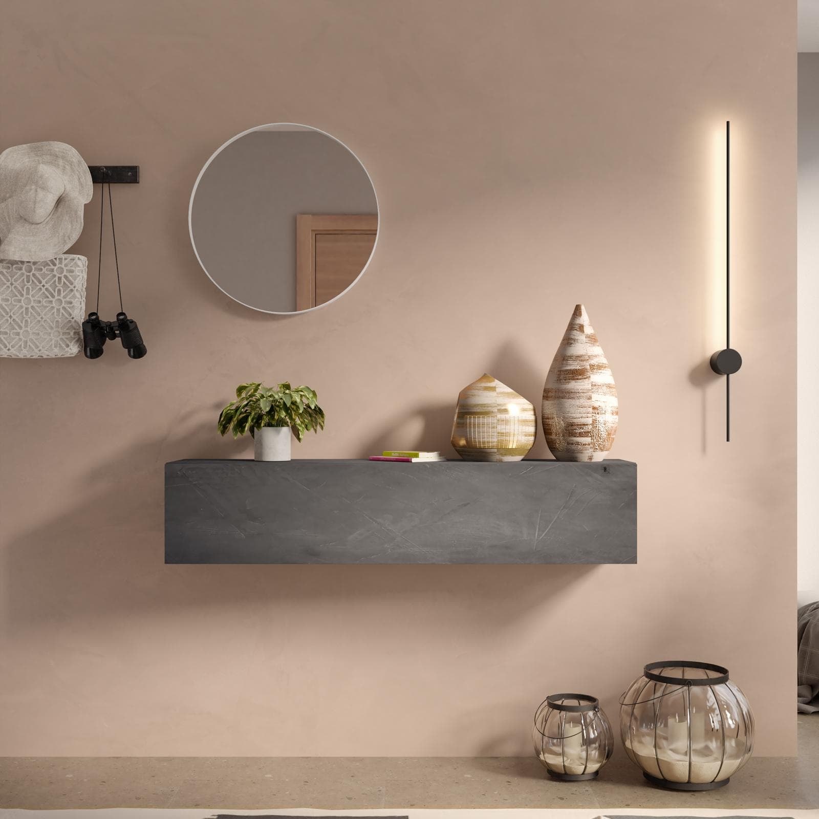 Consolle sospesa 138x28h cm grigio piombo con anta reversibile - Clary