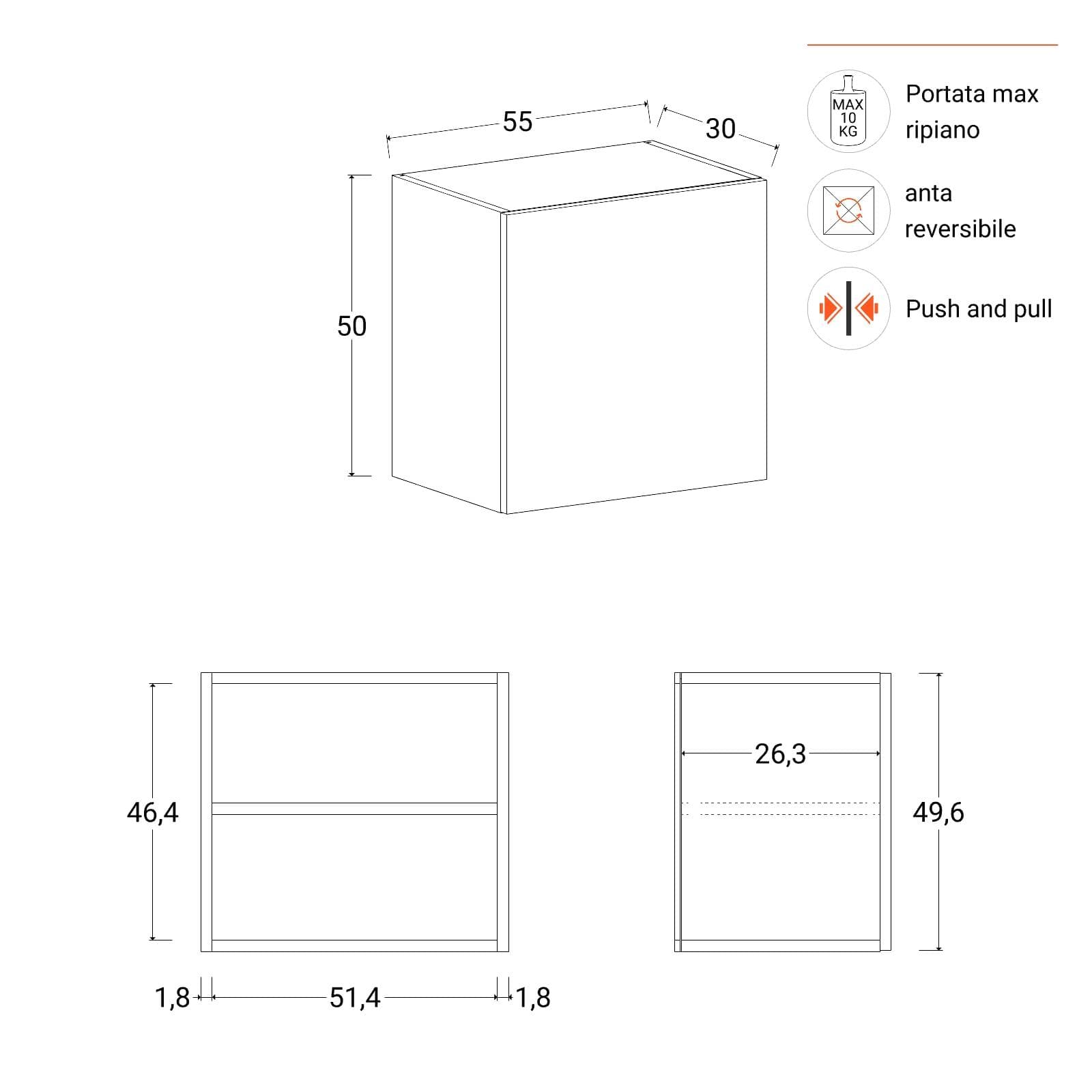 Pensile 55x50h cm argilla con 1 anta reversibile push pull - Clary