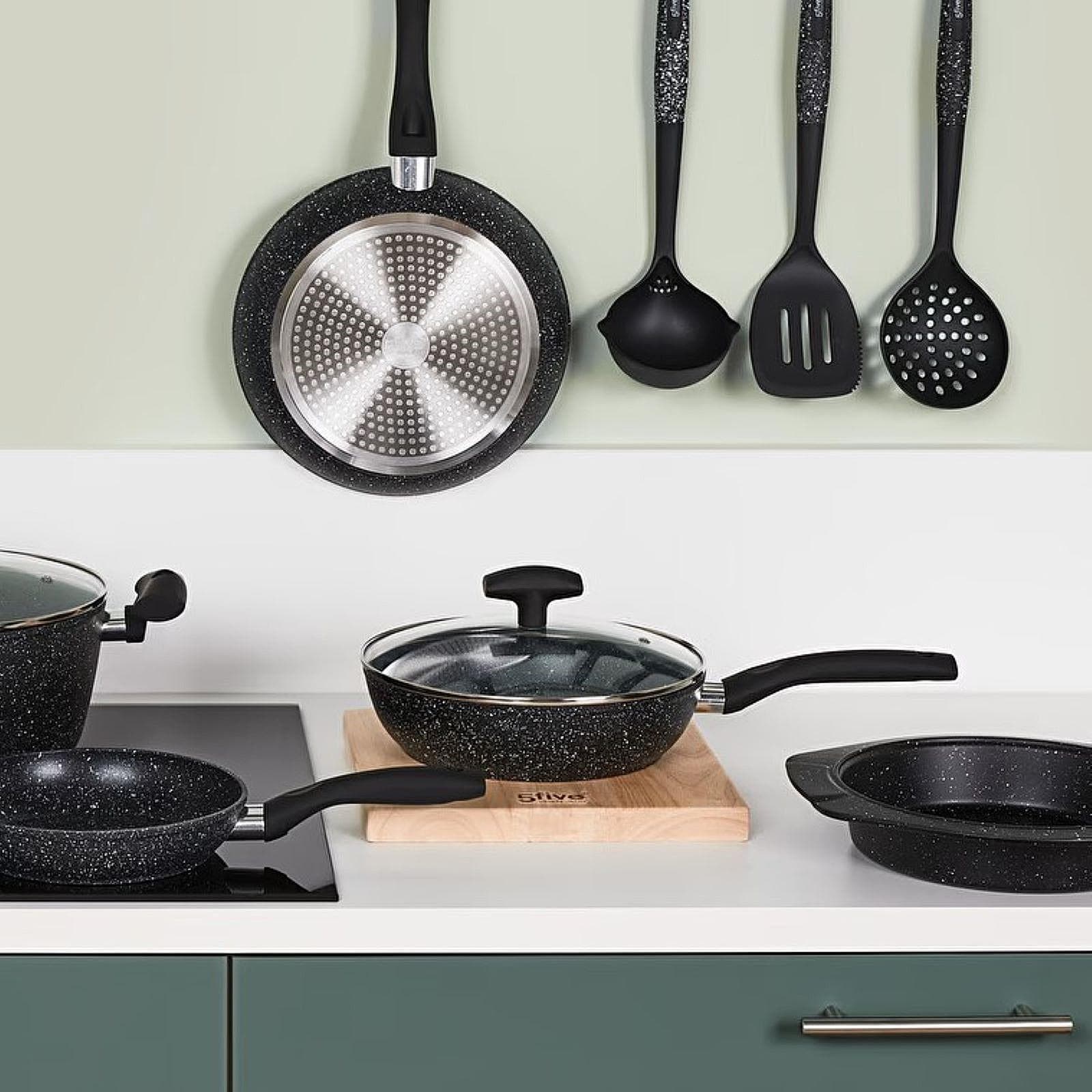 Padella antiaderente 29x18h cm in alluminio forgiato effetto pietra nero con coperchio in vetro - Yasmira