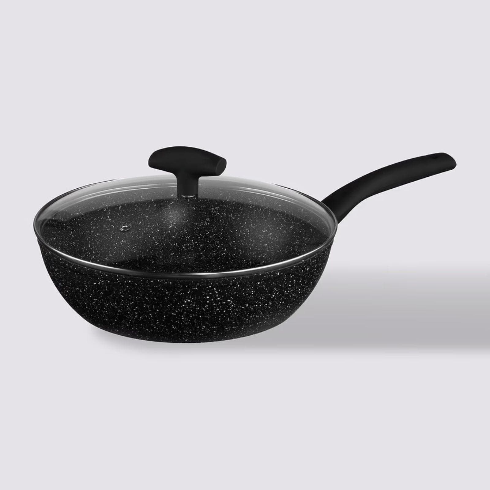 Padella antiaderente 29x18h cm in alluminio forgiato effetto pietra nero con coperchio in vetro - Yasmira