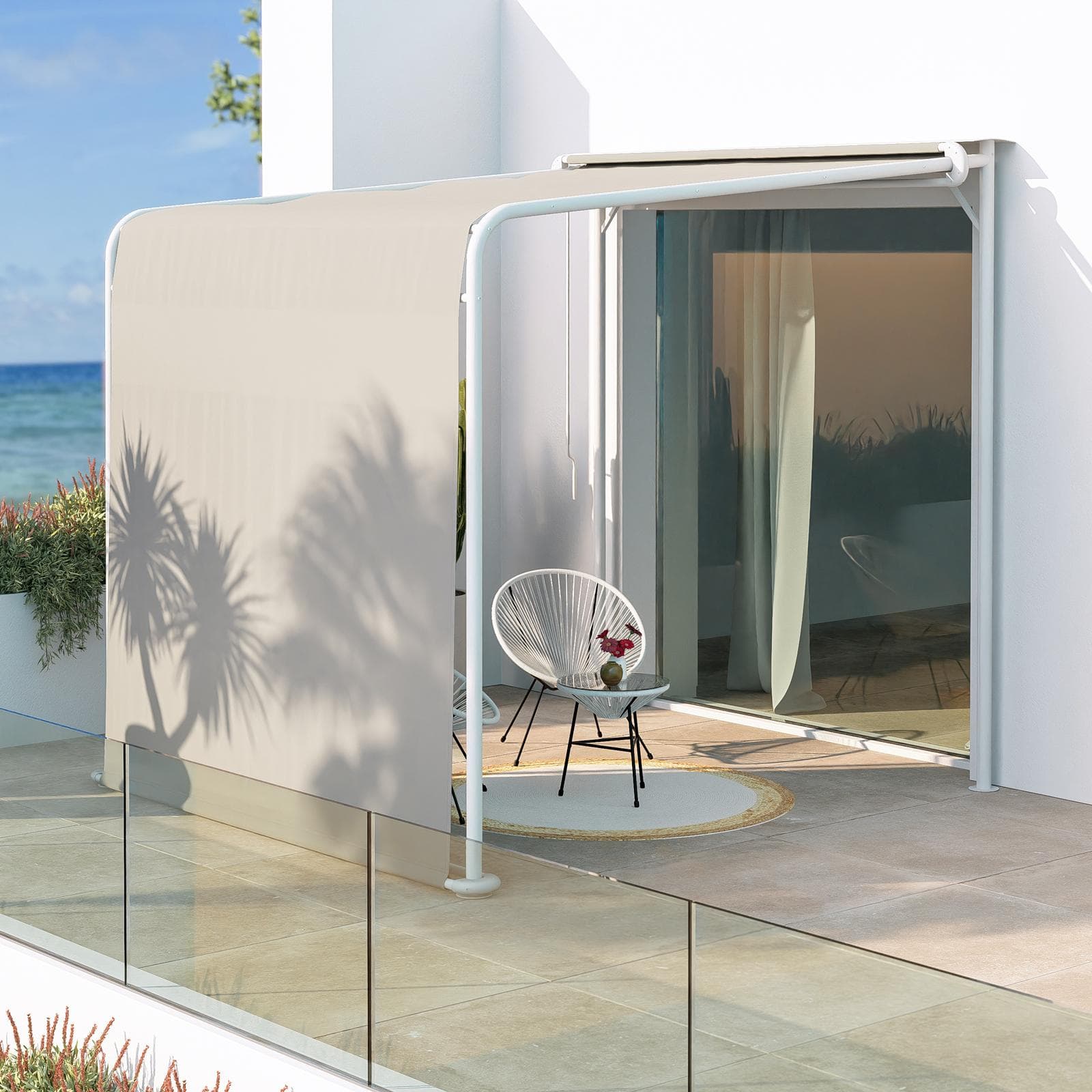 Pergola 3x2,5 m in acciaio bianco con telo scorrevole beige - Hedera