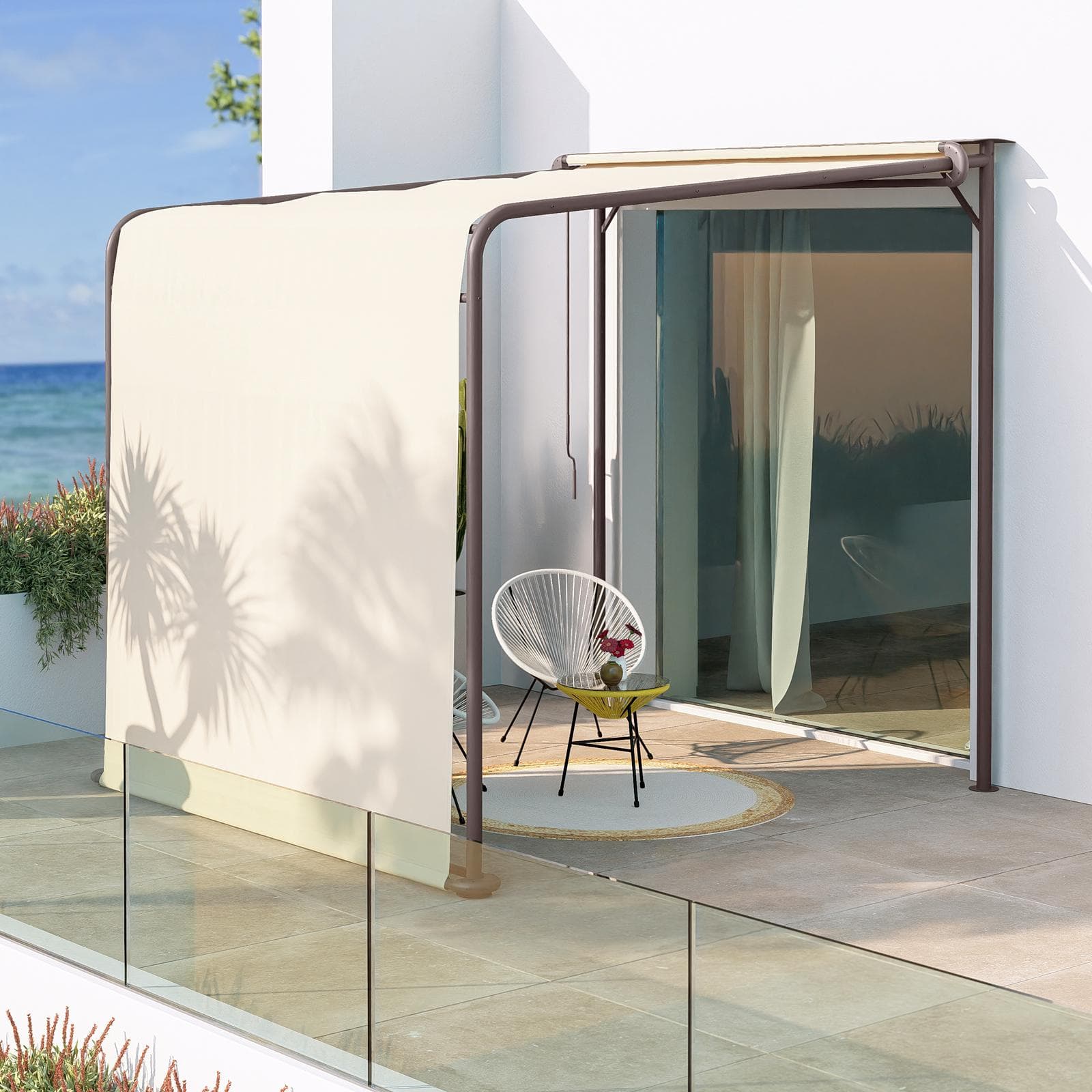 Pergola 3x2,5 m in acciaio marrone con telo scorrevole vaniglia - Hedera