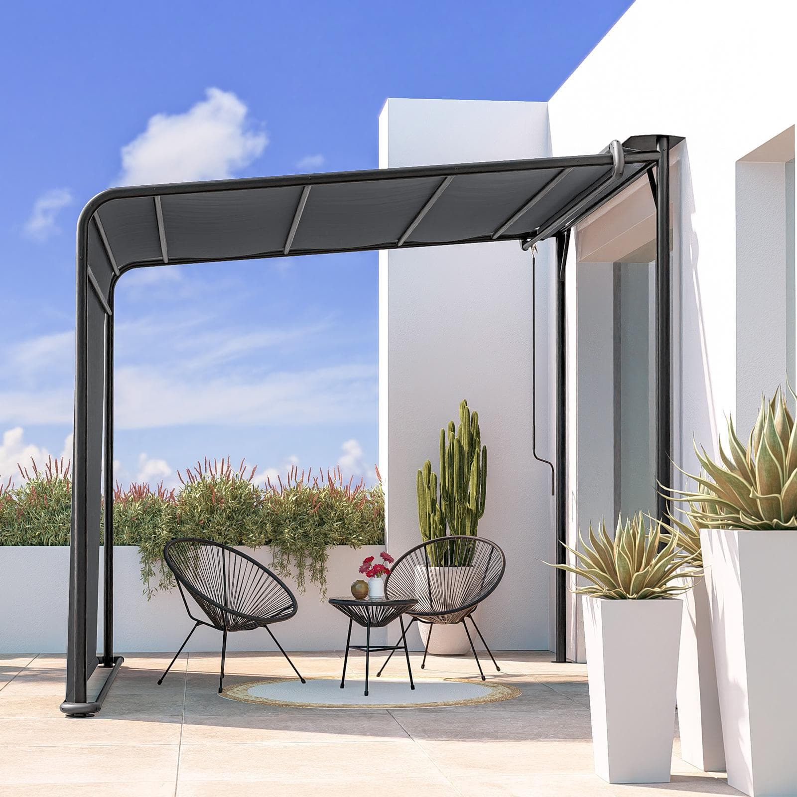 Pergola 3x2,5 m in acciaio nero con telo scorrevole grigio - Hedera