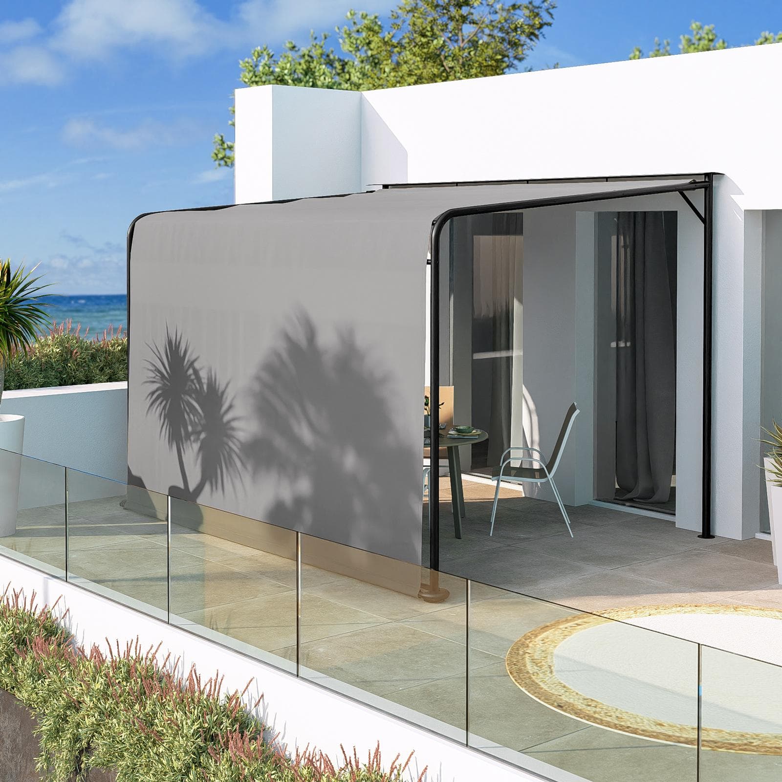 Pergola 4x3 m in acciaio nero con telo scorrevole grigio - Hedera
