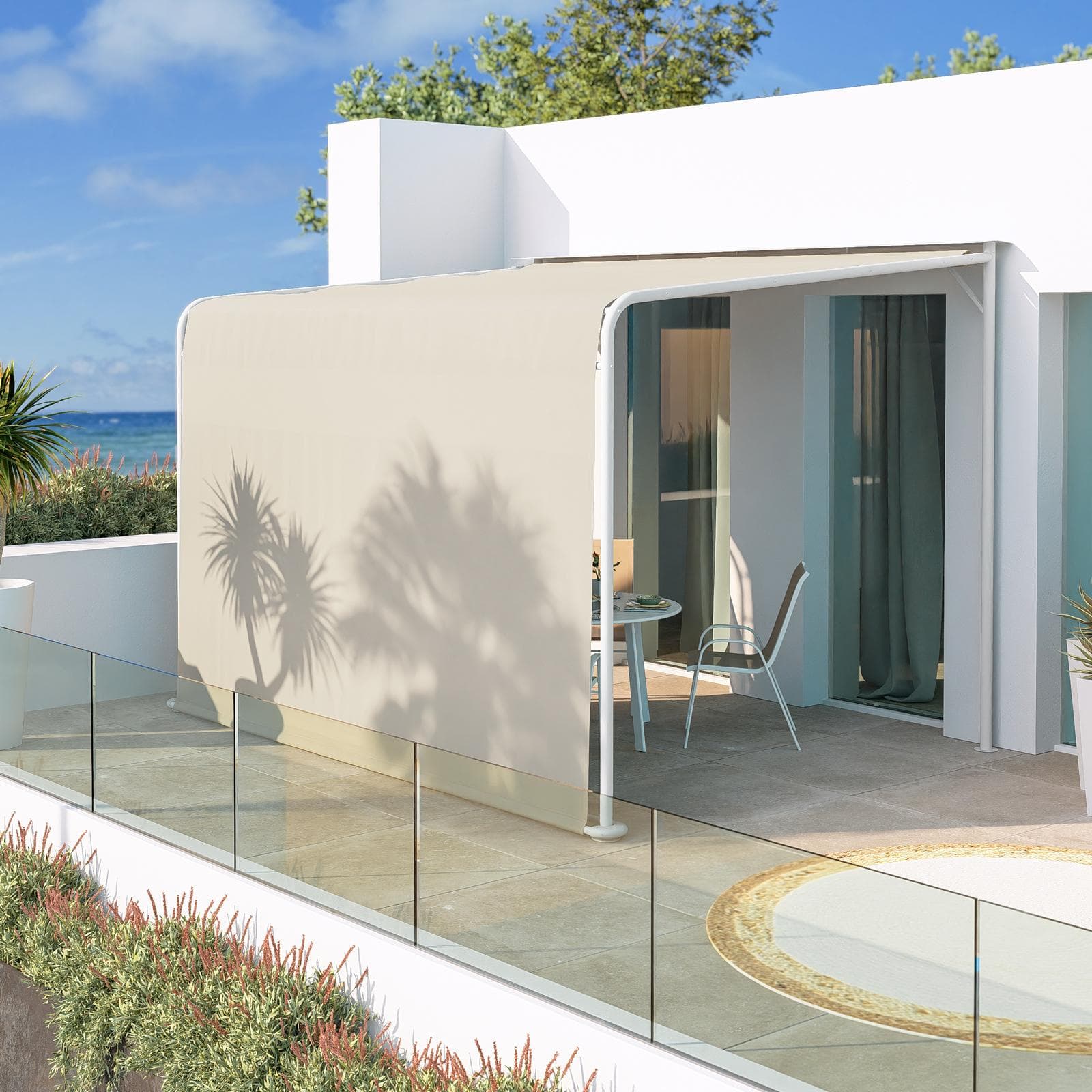Pergola 4x3 m in acciaio bianco con telo scorrevole beige - Hedera