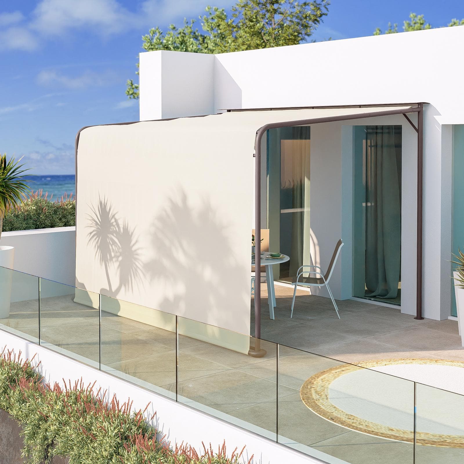 Pergola 4x3 m in acciaio marrone con telo scorrevole vaniglia - Hedera