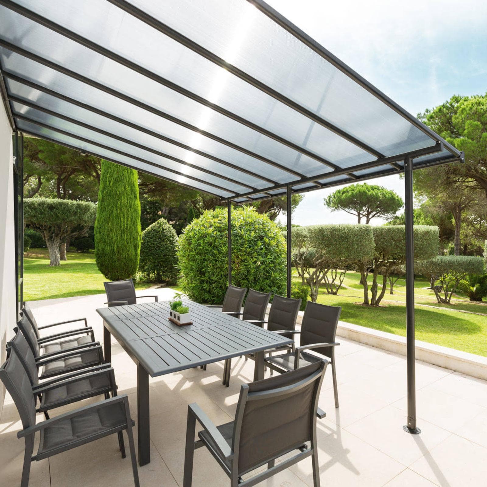 Pergola a muro 4x3 m in alluminio grafite e tetto in policarbonato - Shine