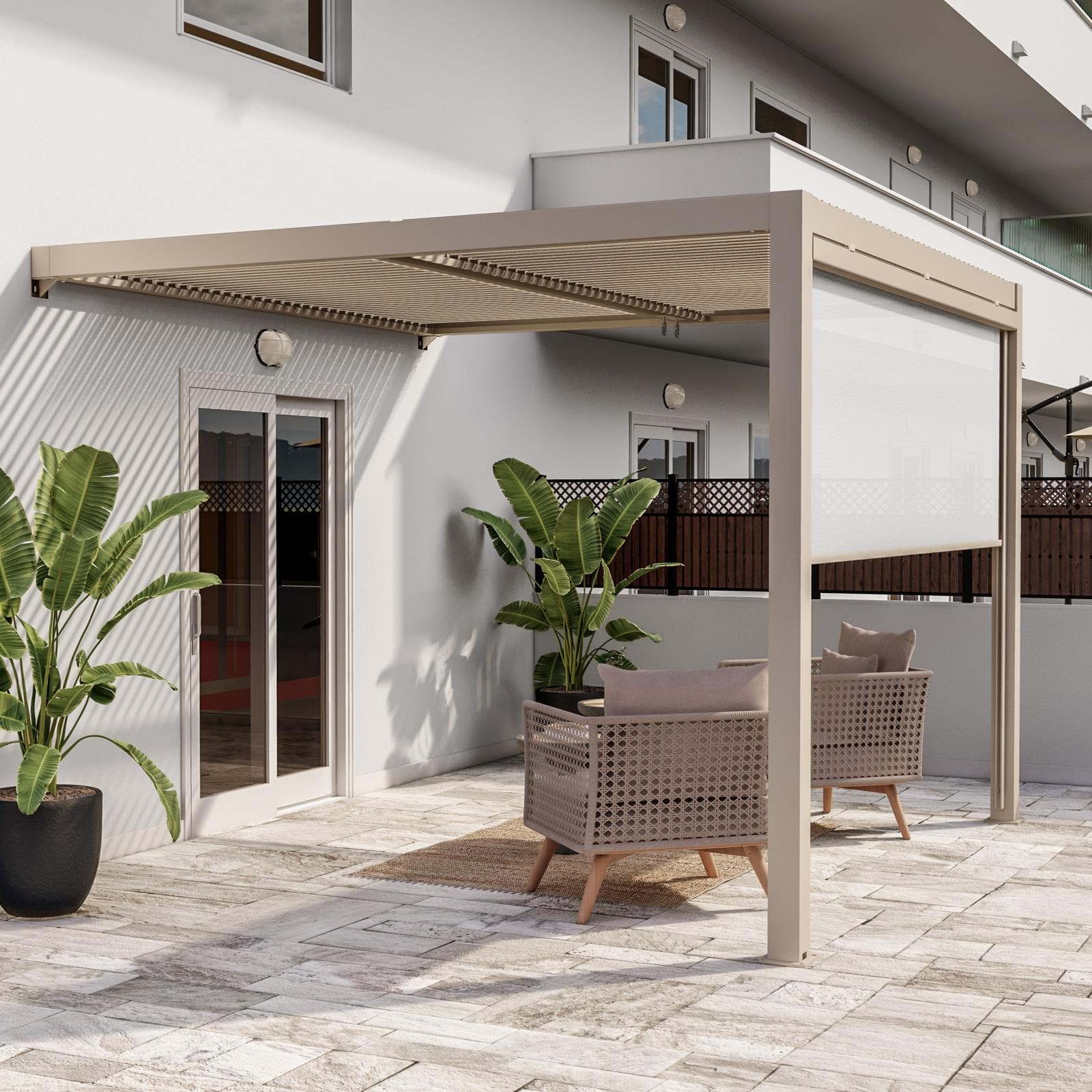 Pergola con tetto a lamelle 3x3 m in alluminio tortora - Enea