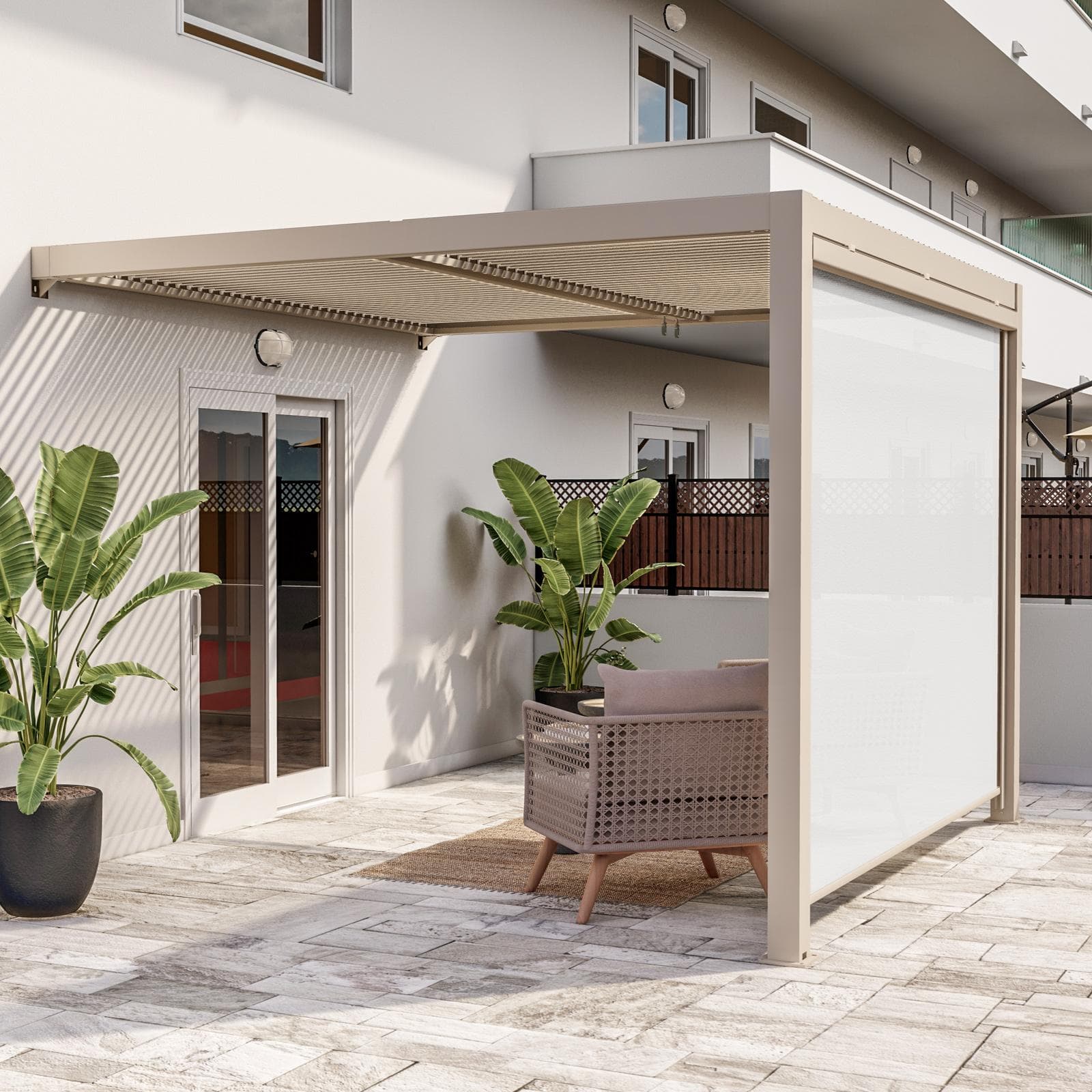 Pergola con tetto a lamelle 3x3 m in alluminio tortora - Enea