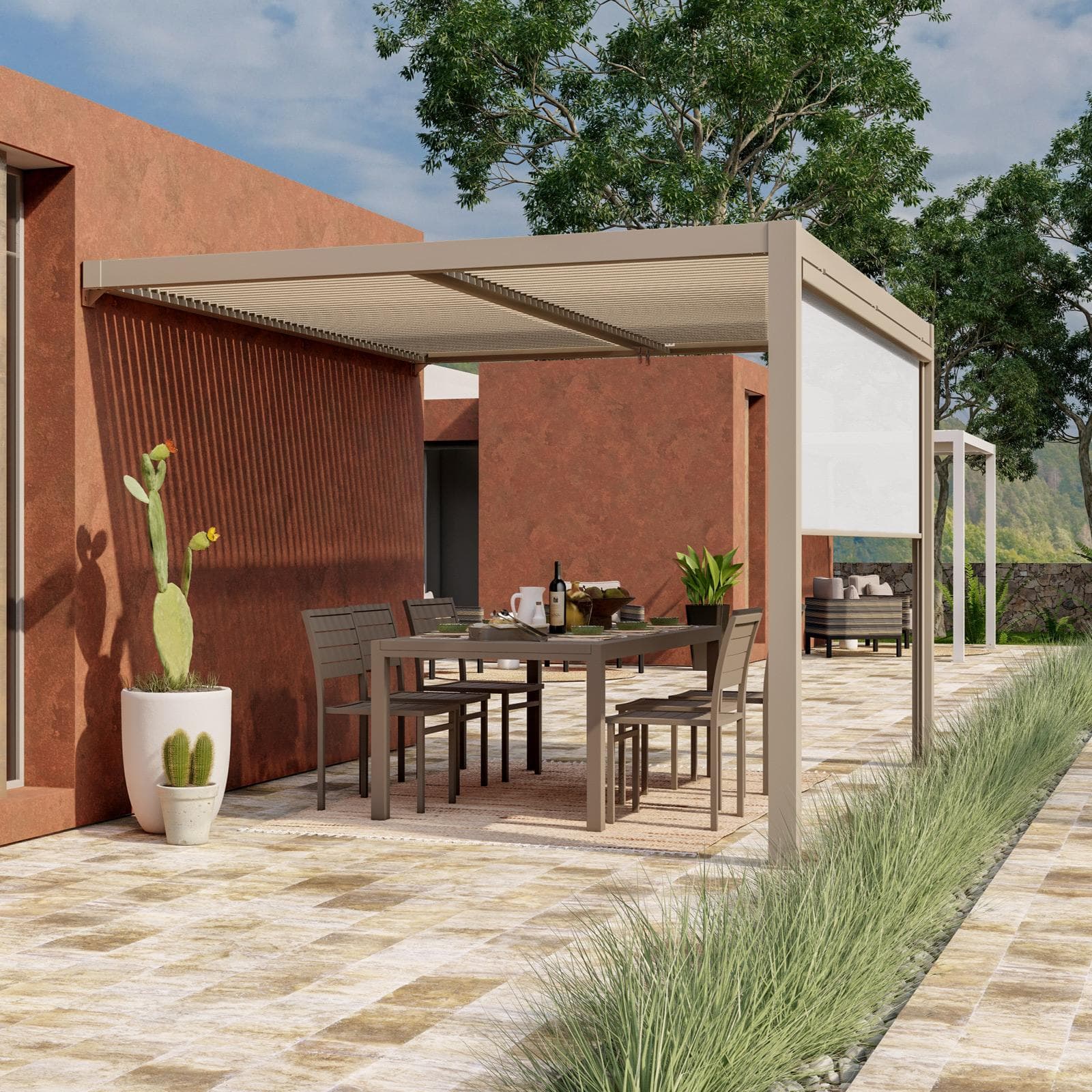 Pergola con tetto a lamelle 3x3,6 m in alluminio tortora - Enea