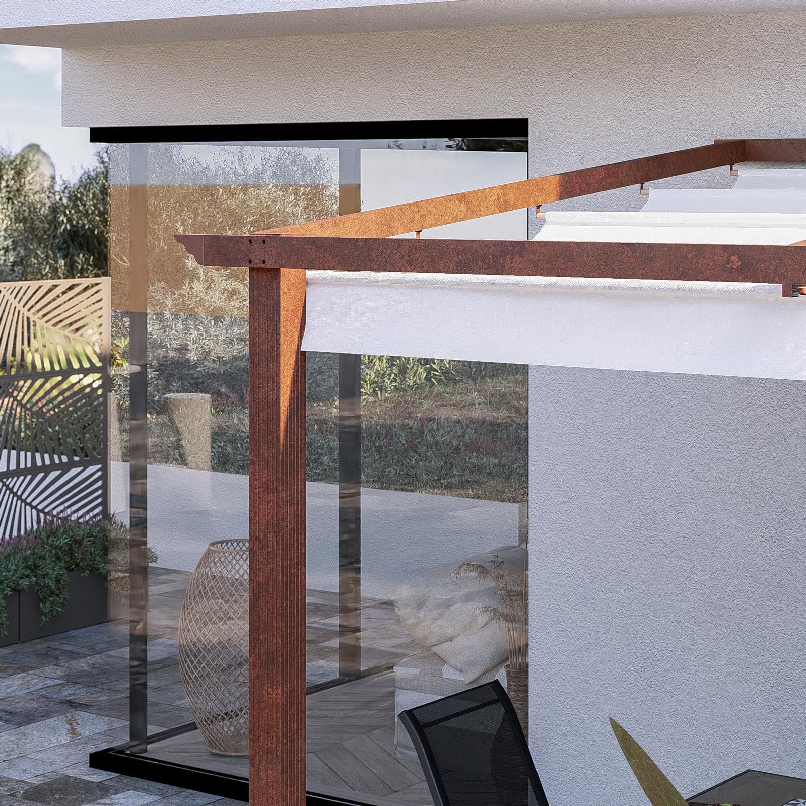 Pergola da esterno 3x2,5 m in alluminio effetto corten e telo bianco - Norris