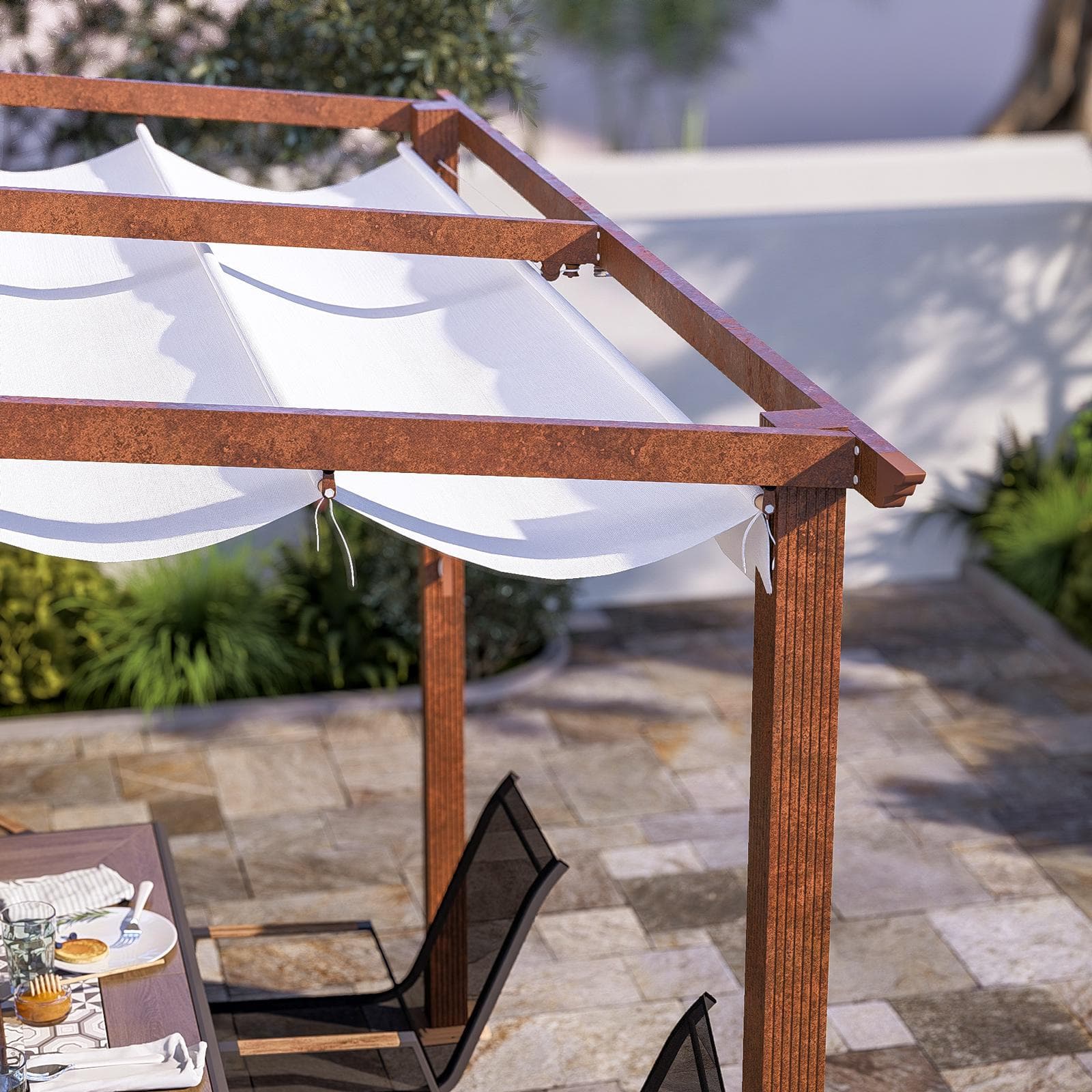 Pergola da esterno 3x2,5 m in alluminio effetto corten e telo bianco - Norris