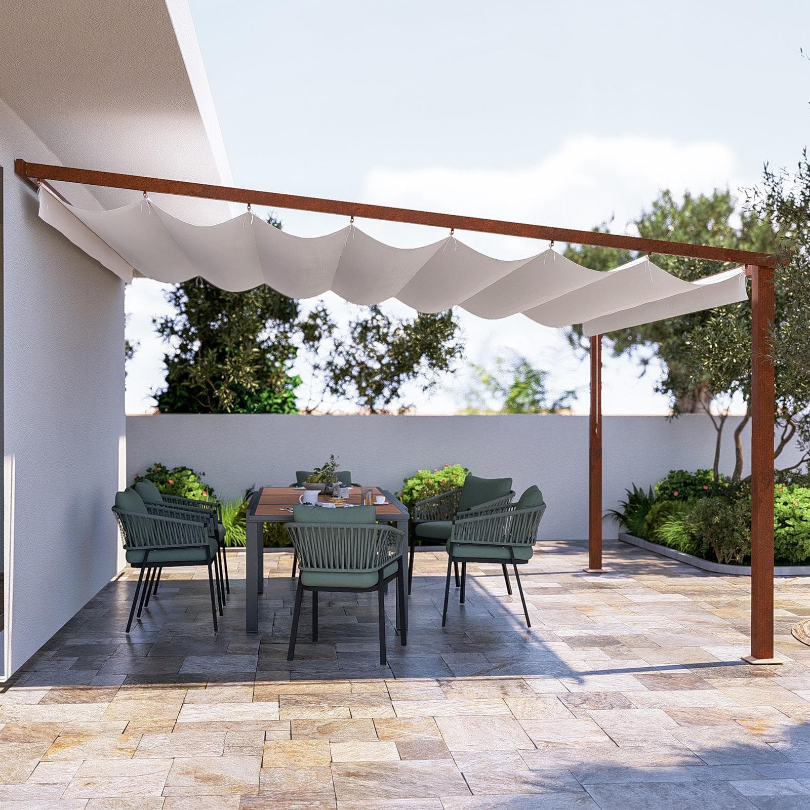 Pergola da esterno 4x4 m in alluminio effetto corten e telo bianco - Norris