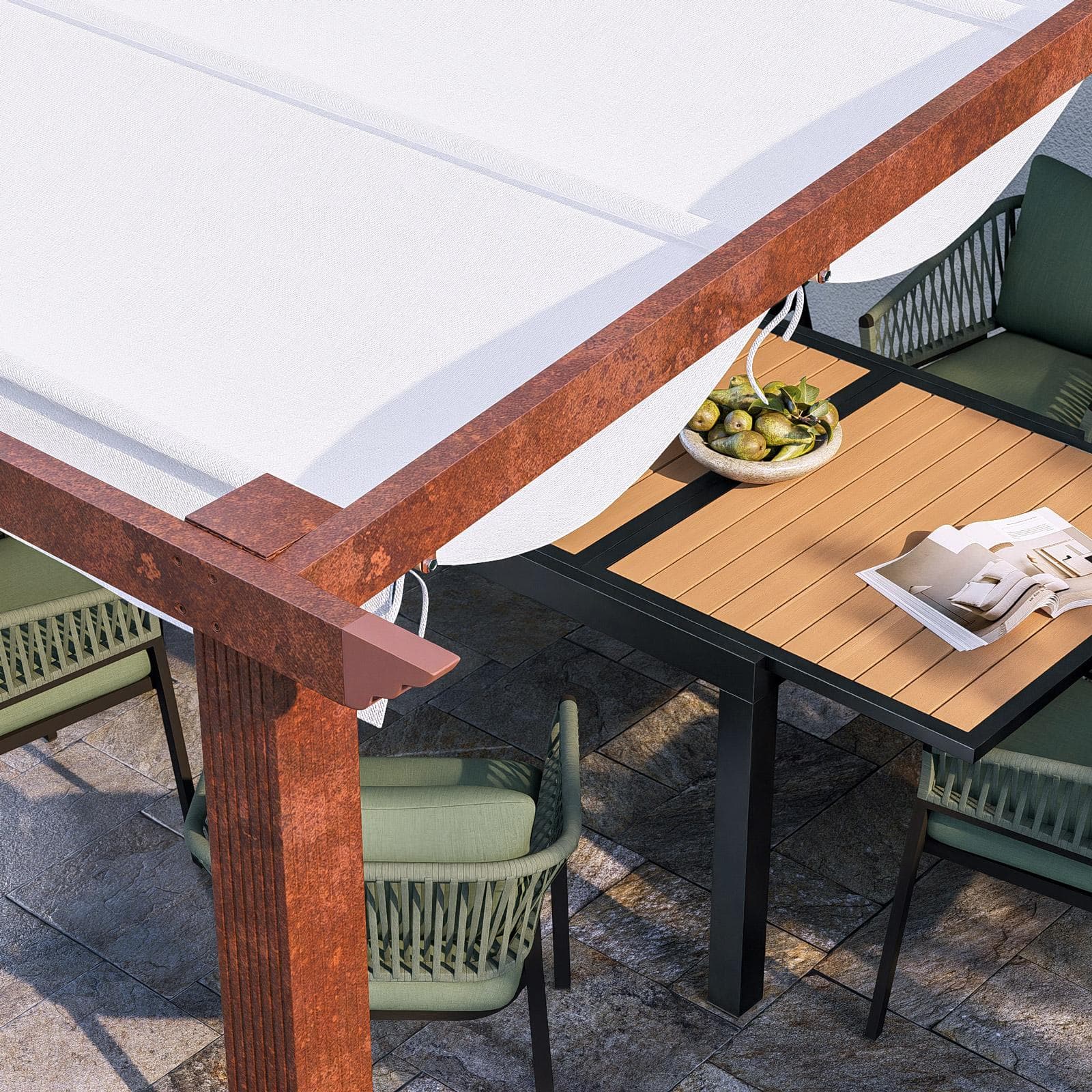 Pergola da esterno 4x4 m in alluminio effetto corten e telo bianco - Norris
