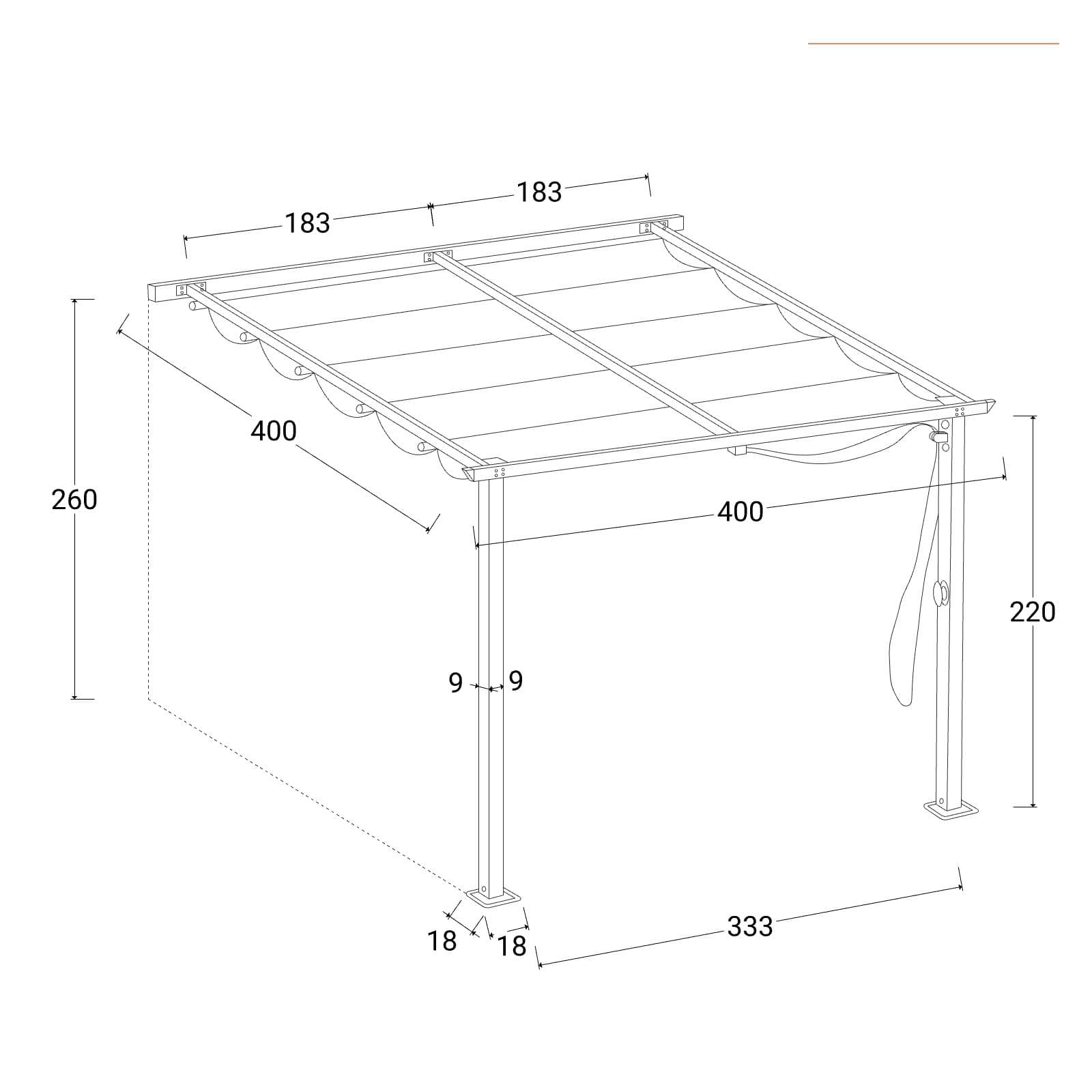 Pergola da esterno 4x4 m in alluminio effetto corten e telo bianco - Norris