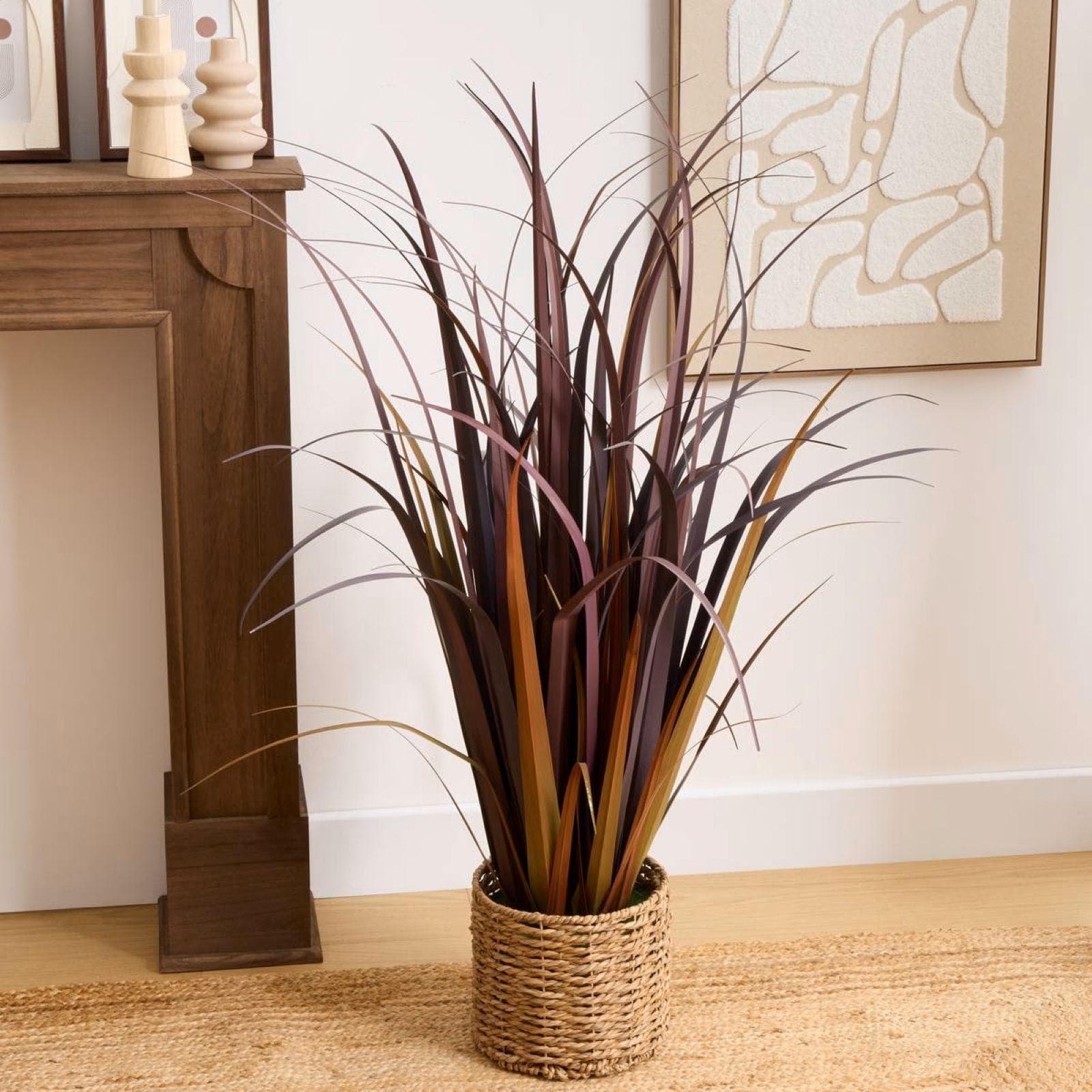 Pianta artificiale 120h cm bordeaux in vaso intrecciato naturale