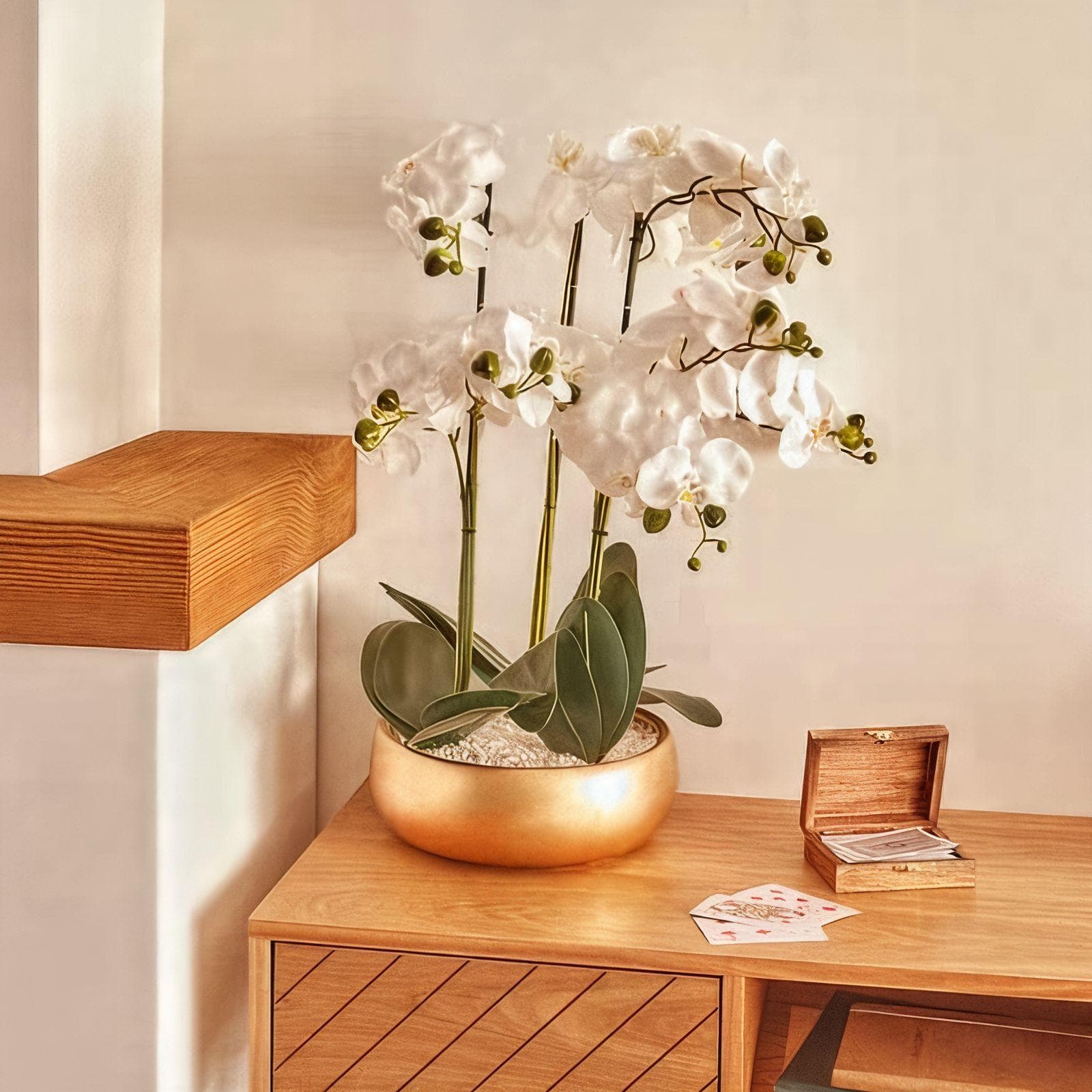 Pianta artificiale di orchidea 65h cm bianco in vaso oro