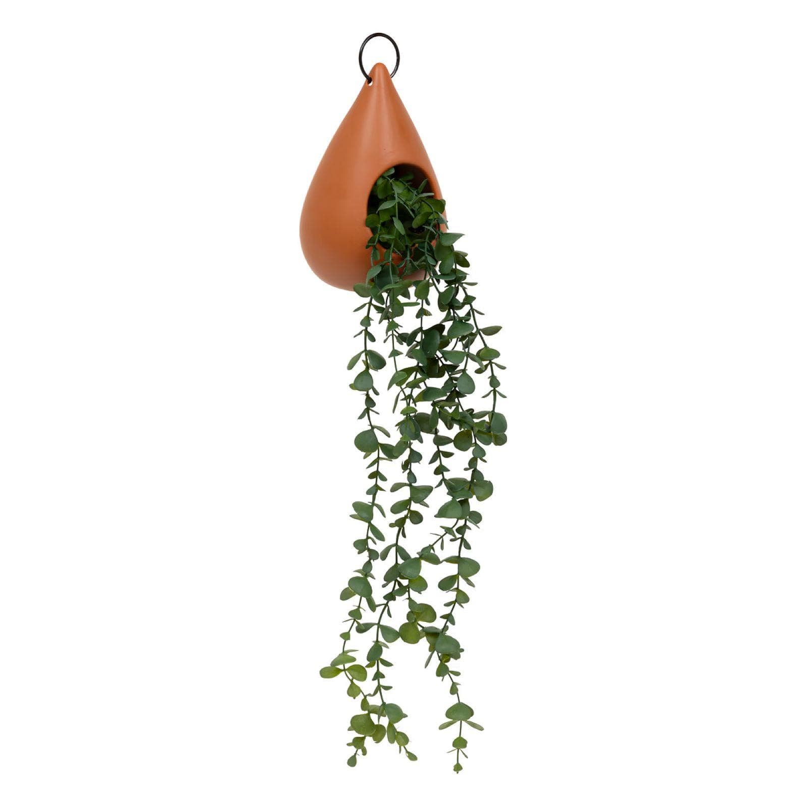 Pianta artificiale sospesa 50h cm con vaso in dolomite color terracotta a goccia