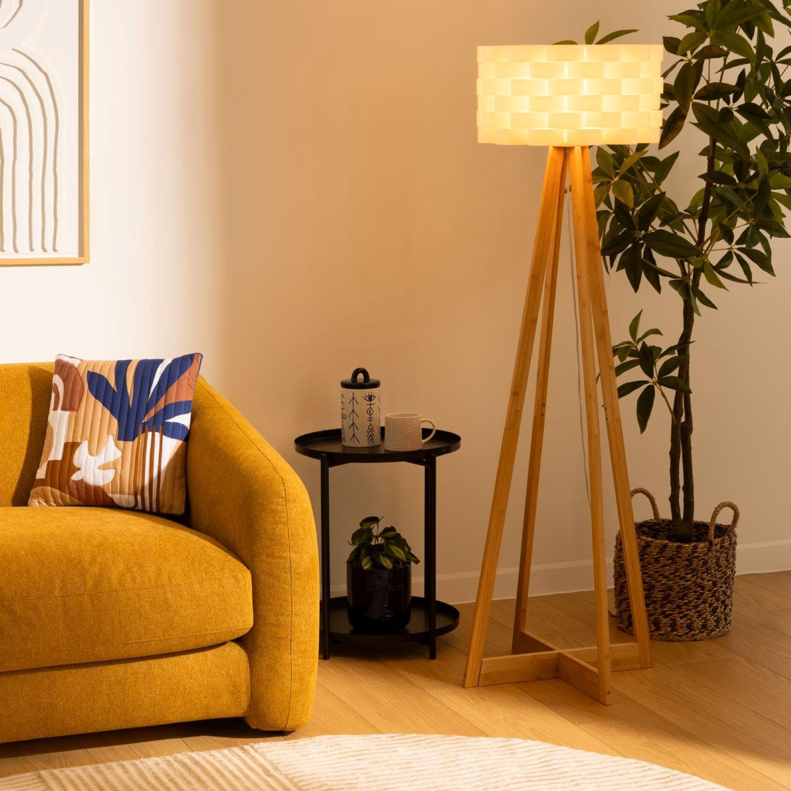 Piantana 150 h cm in bambù naturale e paralume bianco - Moyra