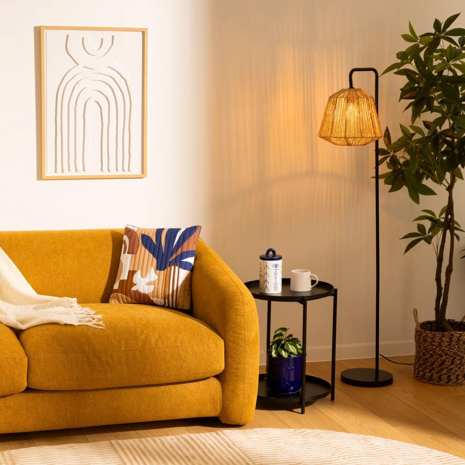 Piantana 150h cm in metallo nero paralume in corda naturale - Margot