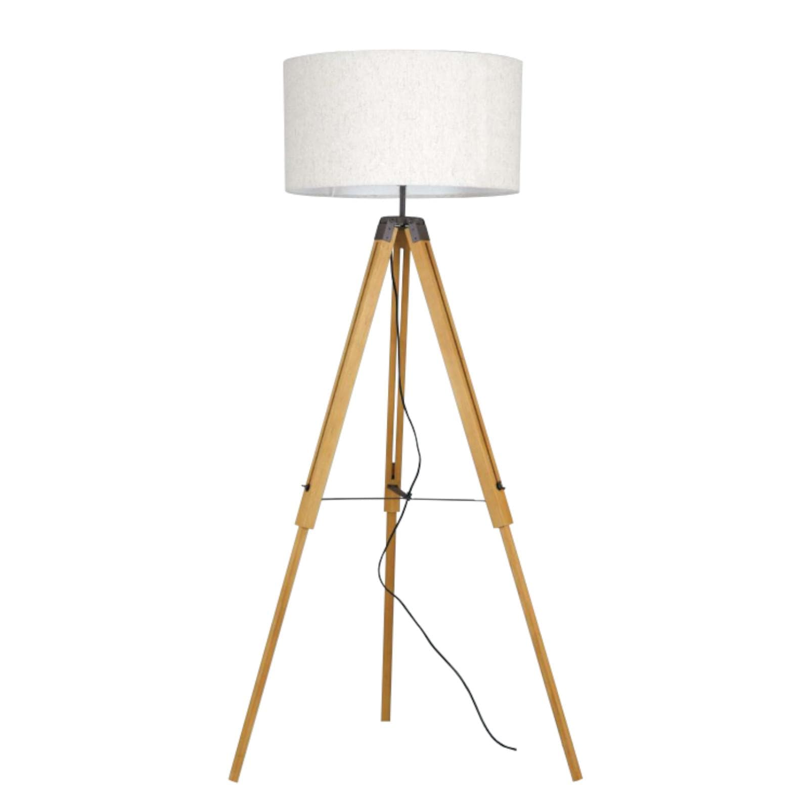 Piantana 151h cm con paralume in tessuto bianco e struttura in legno