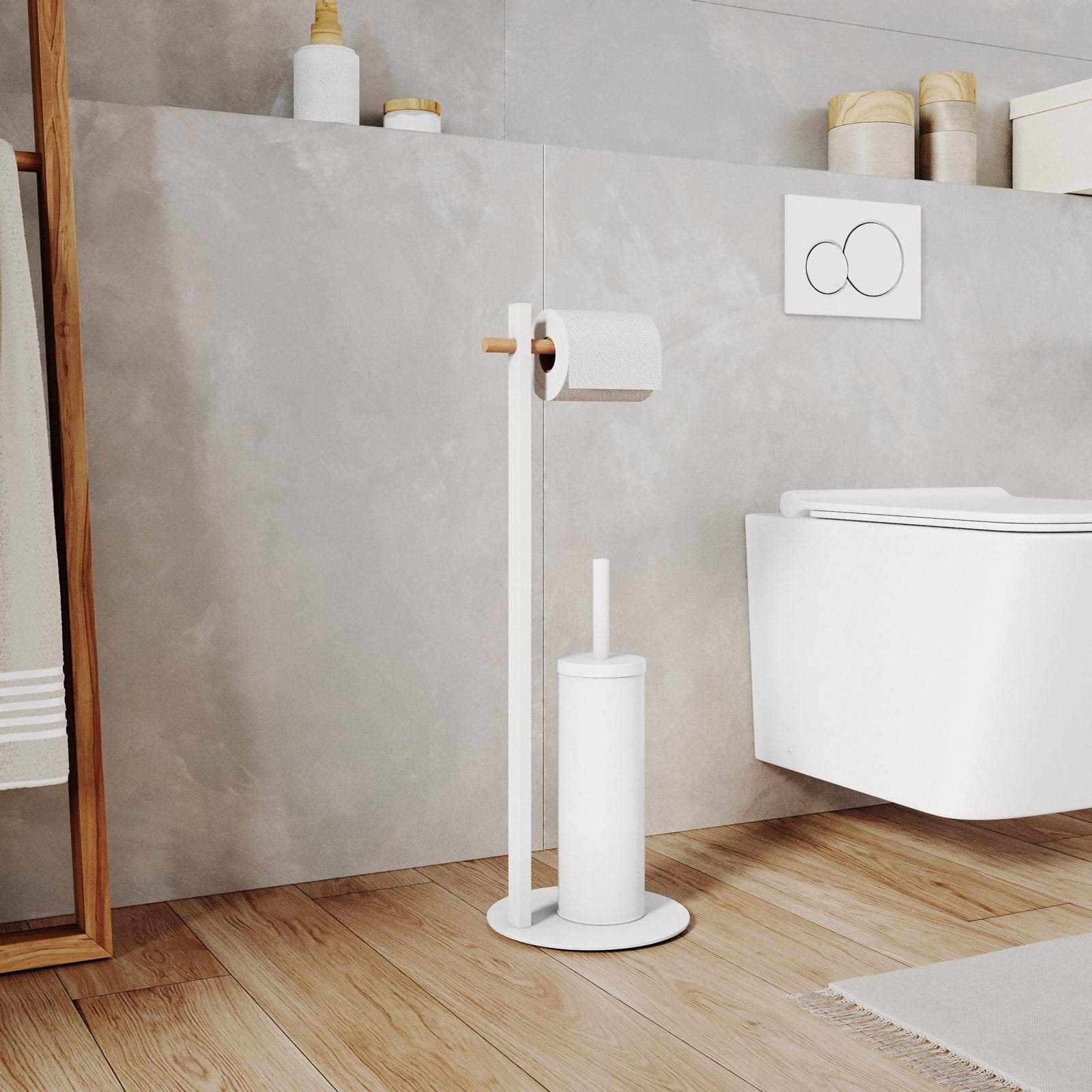 Piantana portarotolo e portascopino in acciaio inox bianco e bambù naturale - Linky